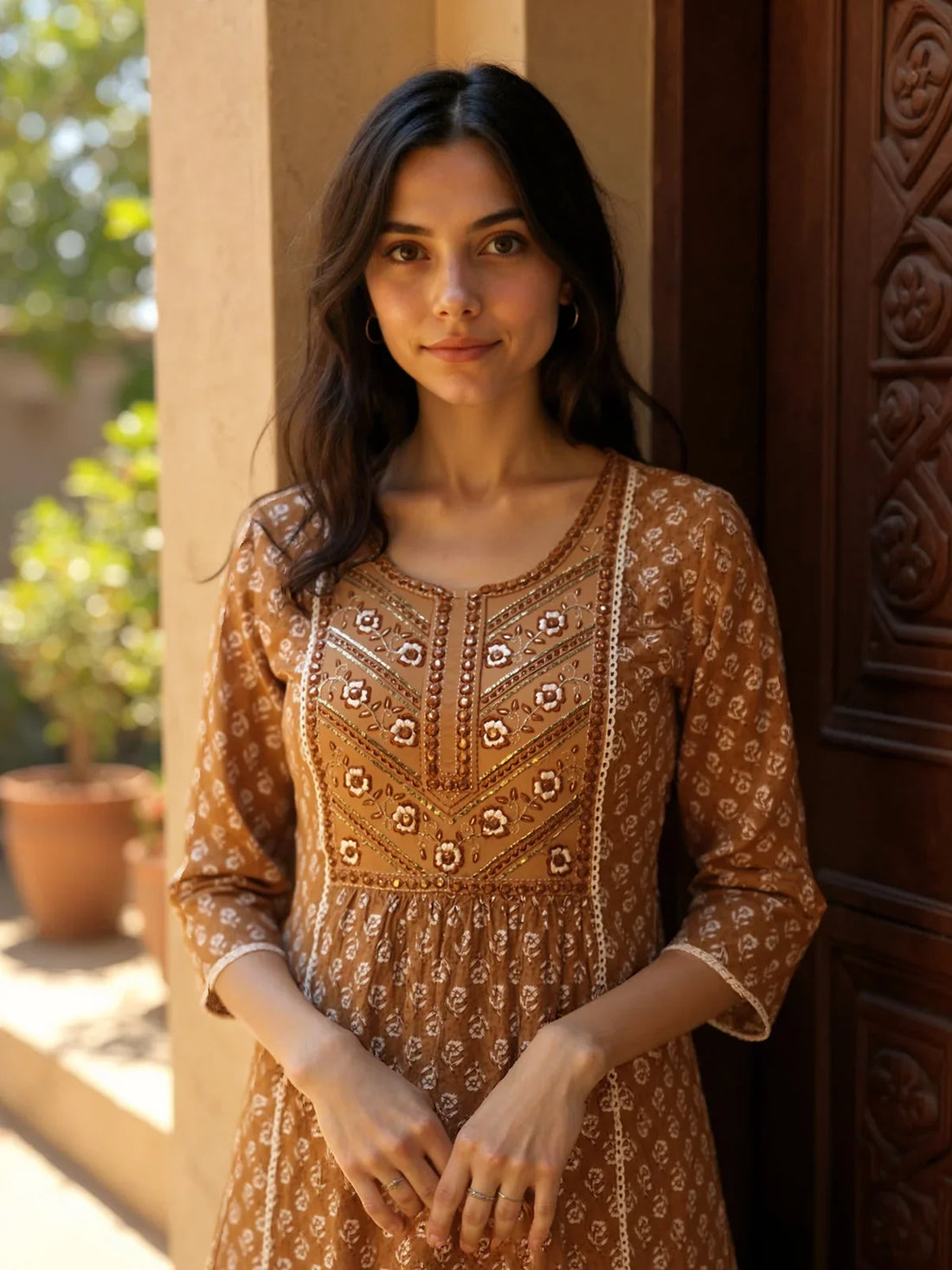 Buy Rayon Embroidered Straight Calf Length Kurta-Brown