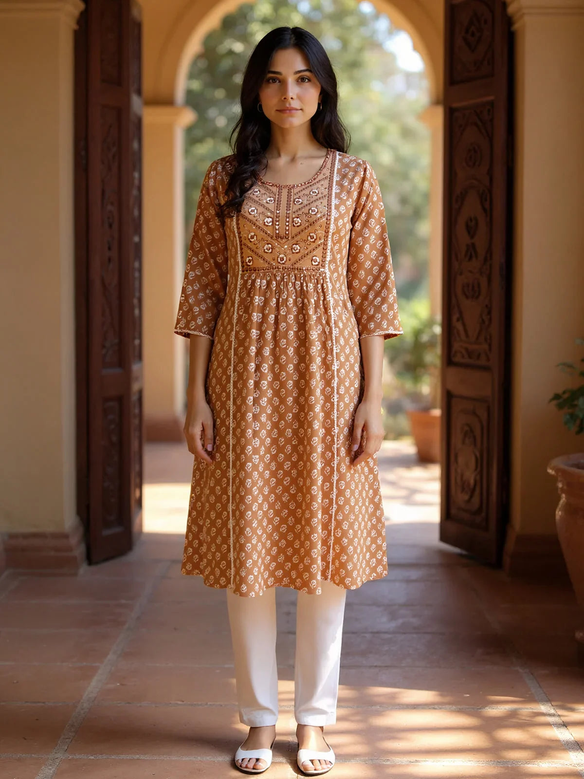 Buy Rayon Embroidered Straight Calf Length Kurta-Brown