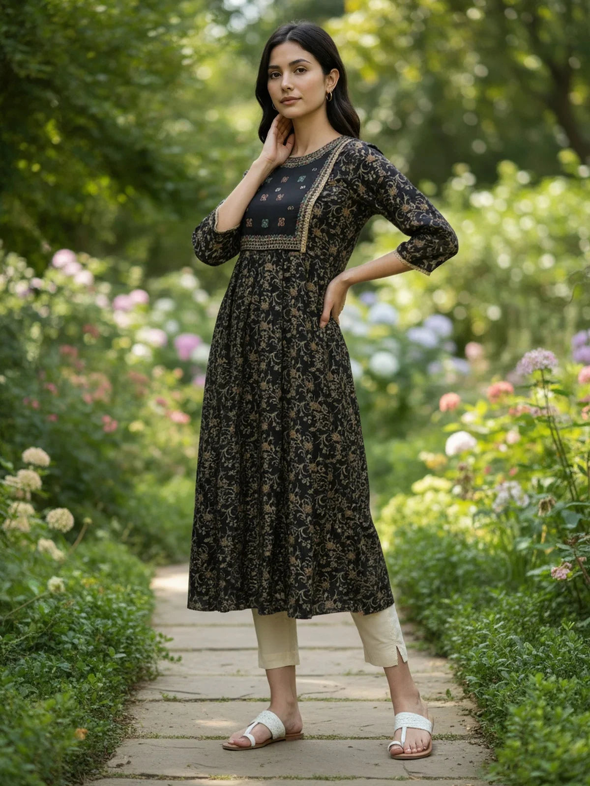 Buy Rayon Embroidered Anarkali Calf Length Kurta-Black