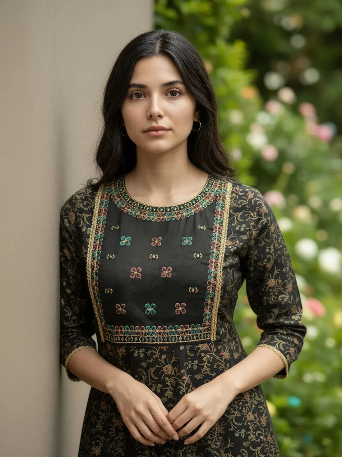 Buy Rayon Embroidered Anarkali Calf Length Kurta-Black