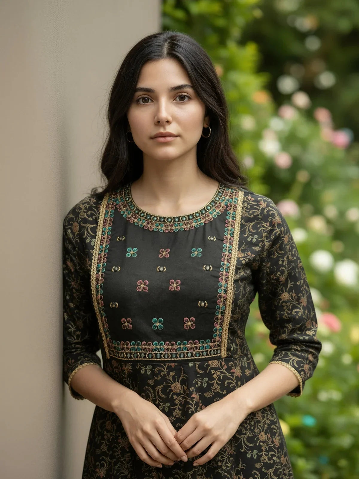 Buy Rayon Embroidered Anarkali Calf Length Kurta-Black