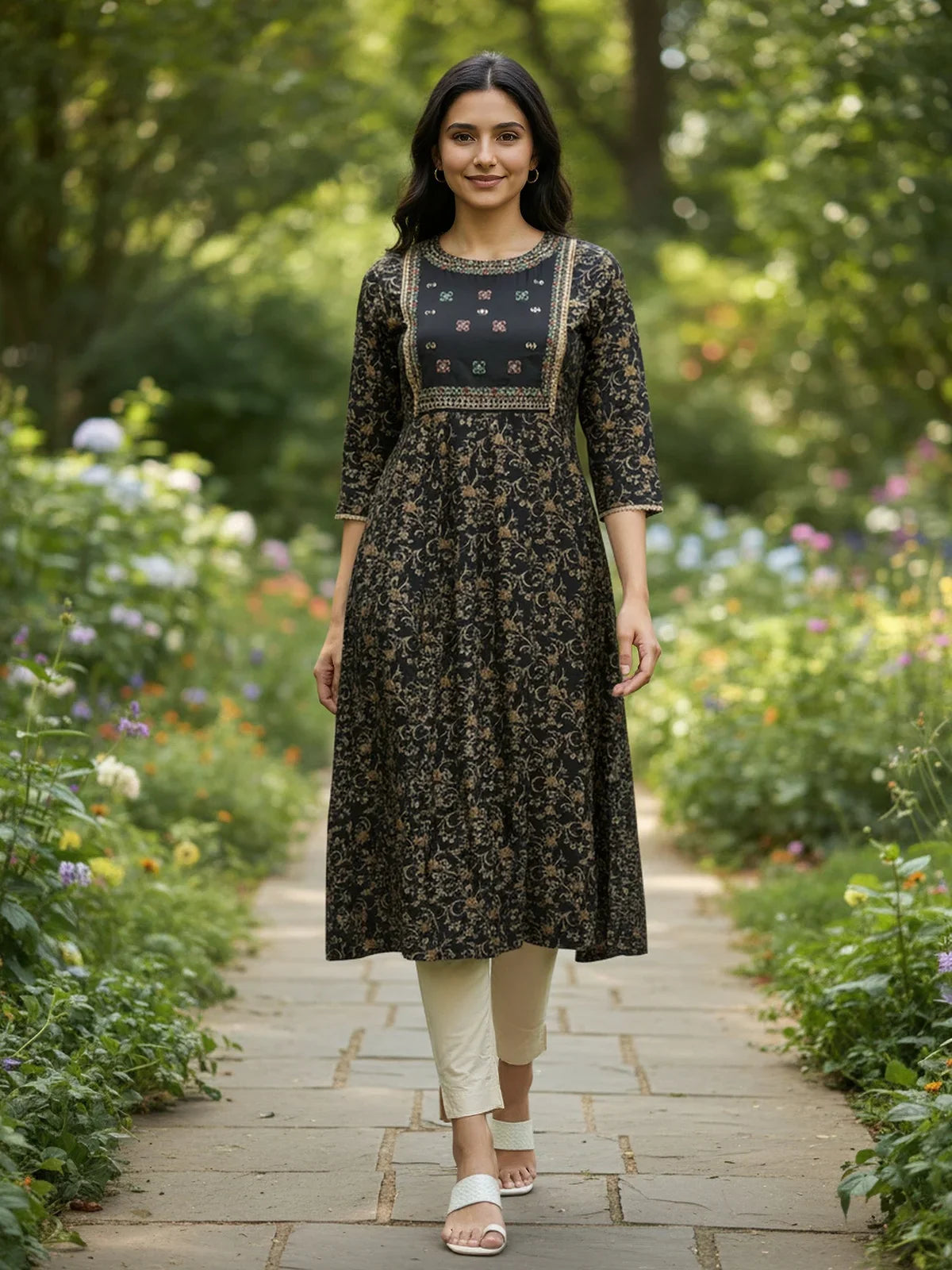 Buy Rayon Embroidered Anarkali Calf Length Kurta-Black