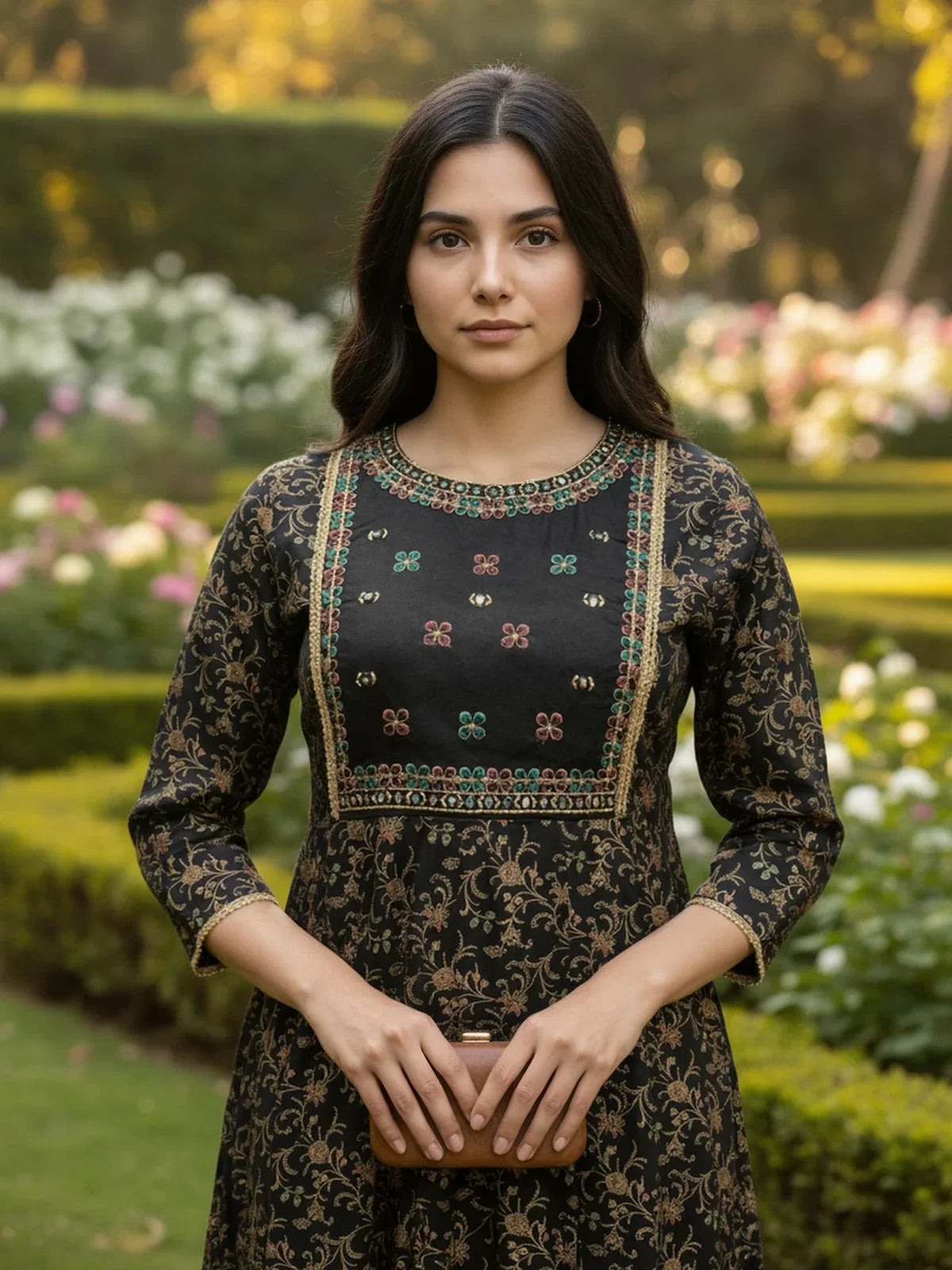 Buy Rayon Embroidered Anarkali Calf Length Kurta-Black