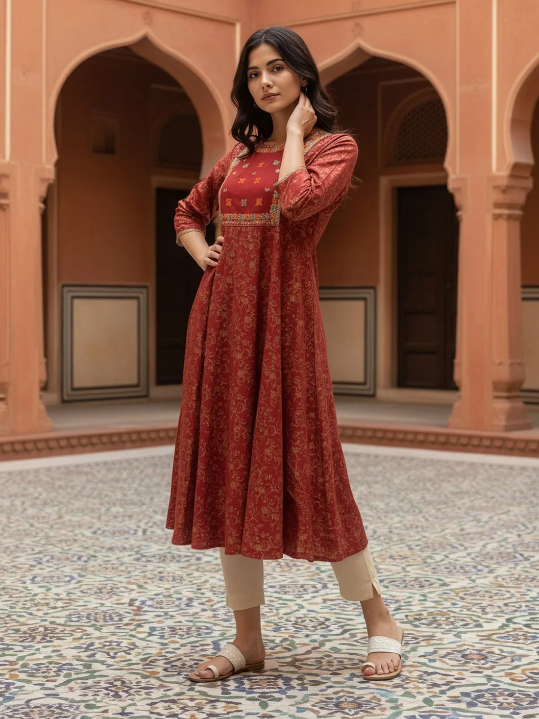 Buy Rayon Embroidered Anarkali Calf Length Kurta-Red