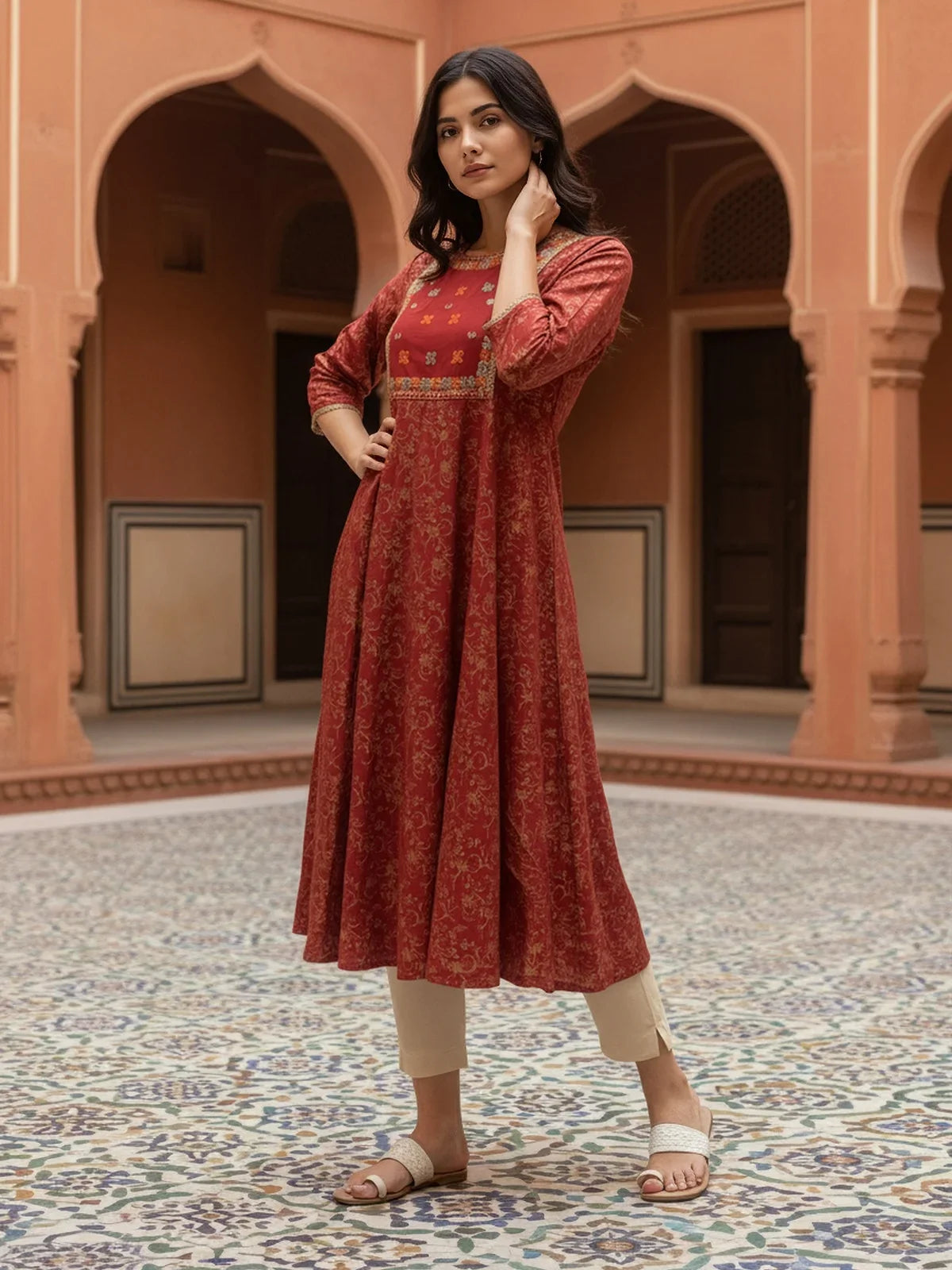 Buy Rayon EmbroideAnarkali Calf Length Kurta-Red