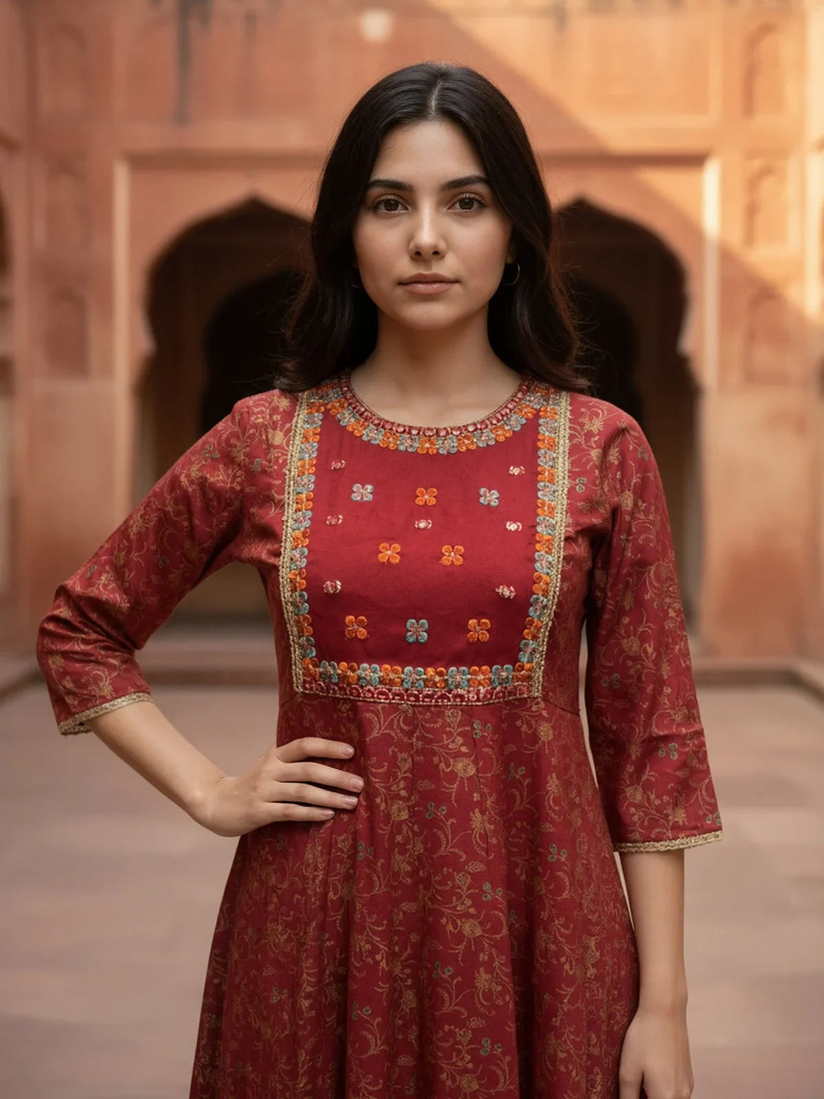 Buy Rayon EmbroideAnarkali Calf Length Kurta-Red