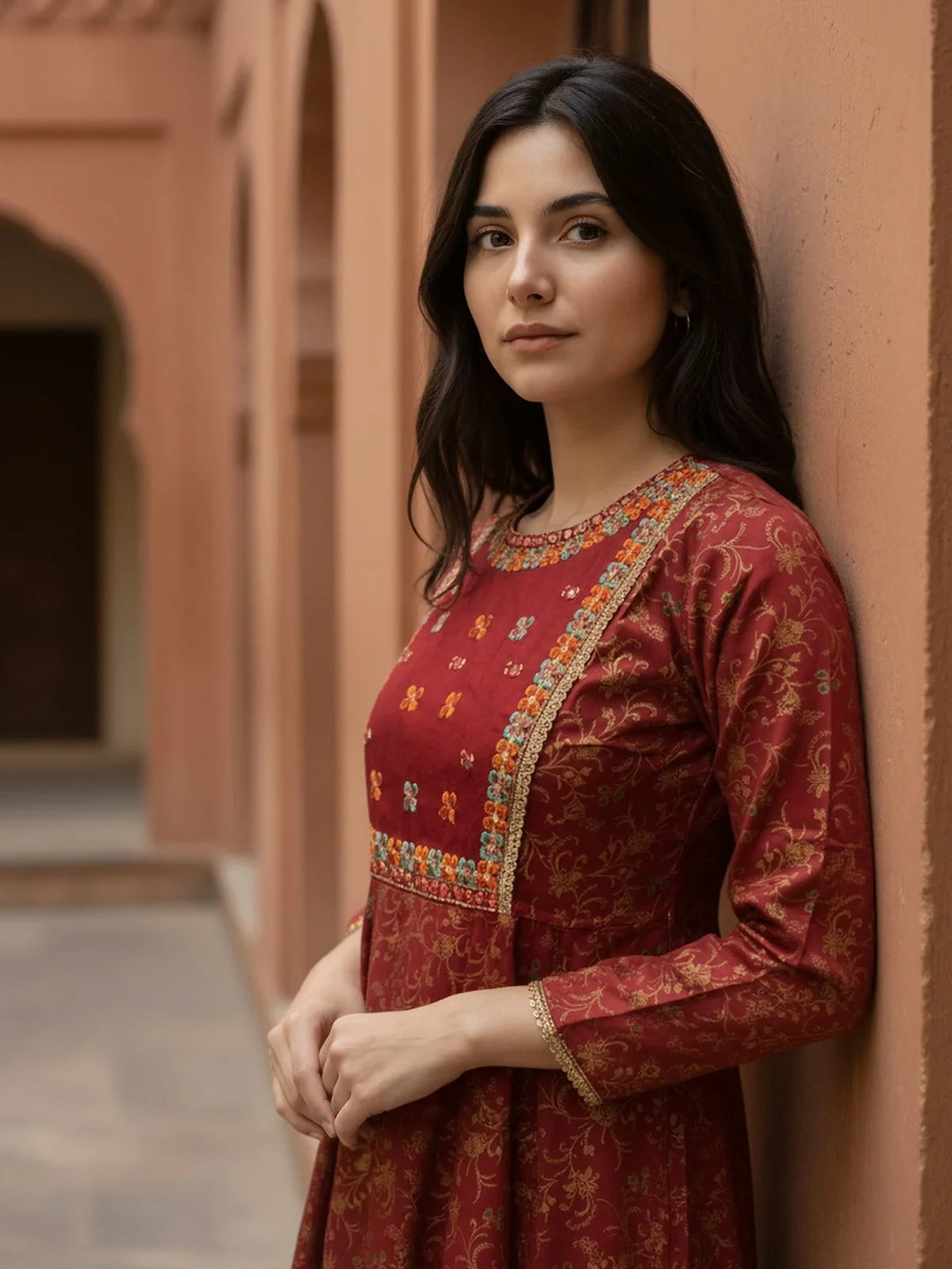 Buy Rayon EmbroideAnarkali Calf Length Kurta-Red