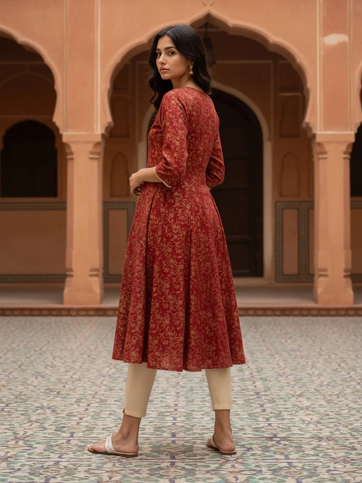 Buy Rayon EmbroideAnarkali Calf Length Kurta-Red