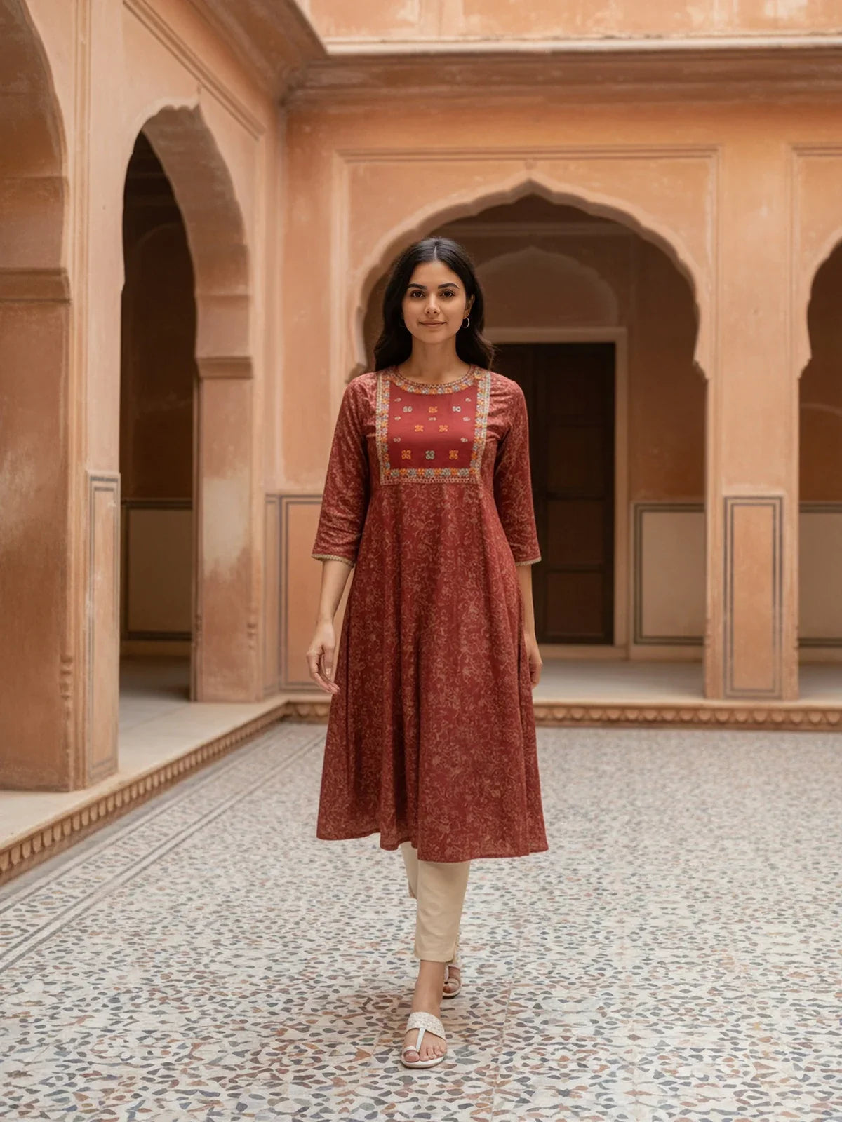 Buy Rayon EmbroideAnarkali Calf Length Kurta-Red