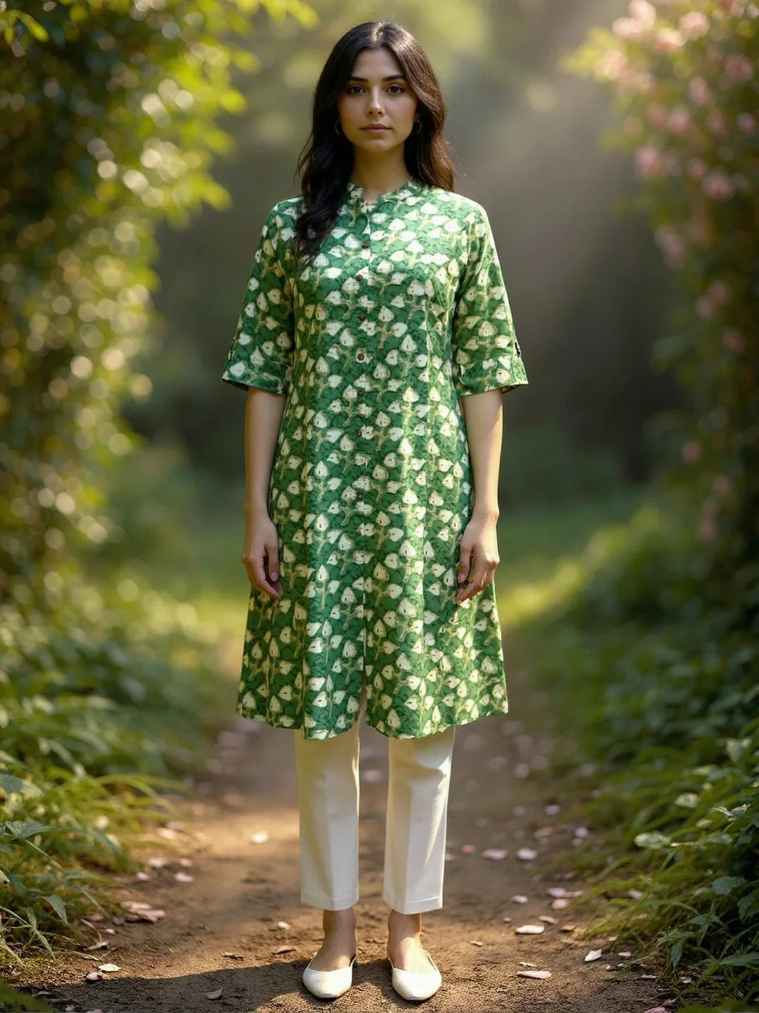 Buy Cotton Printed A-Line Calf Length Kurta-Green