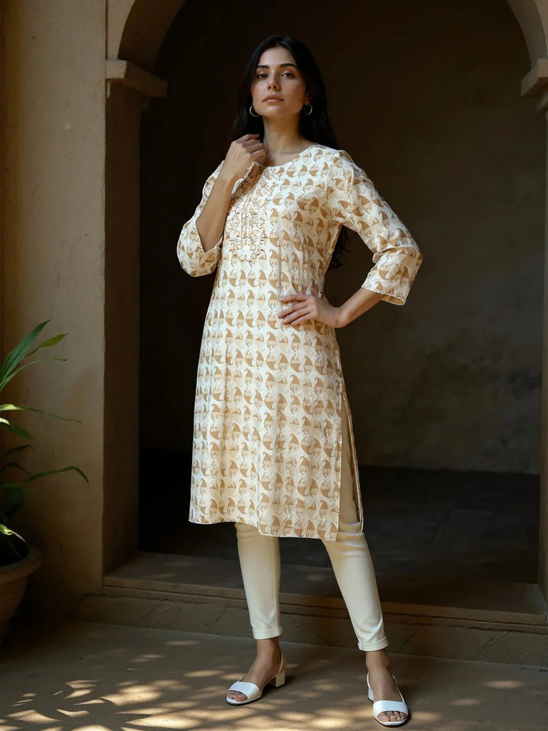 Buy Cotton Embroidered Straight Calf Length Kurta-Brown