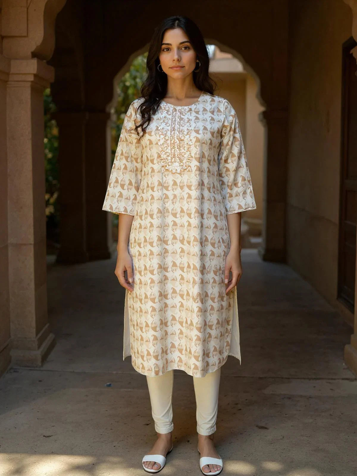 Buy Cotton Embroidered Straight Calf Length Kurta-Brown