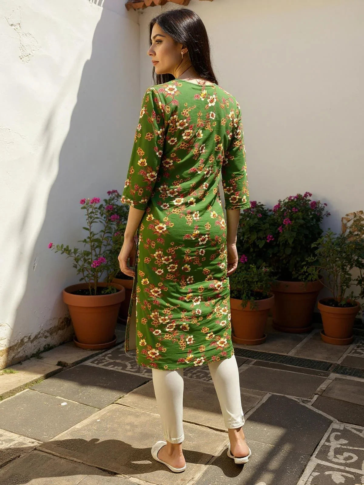 Buy Cotton Embroidered Straight Calf Length Kurta-Green