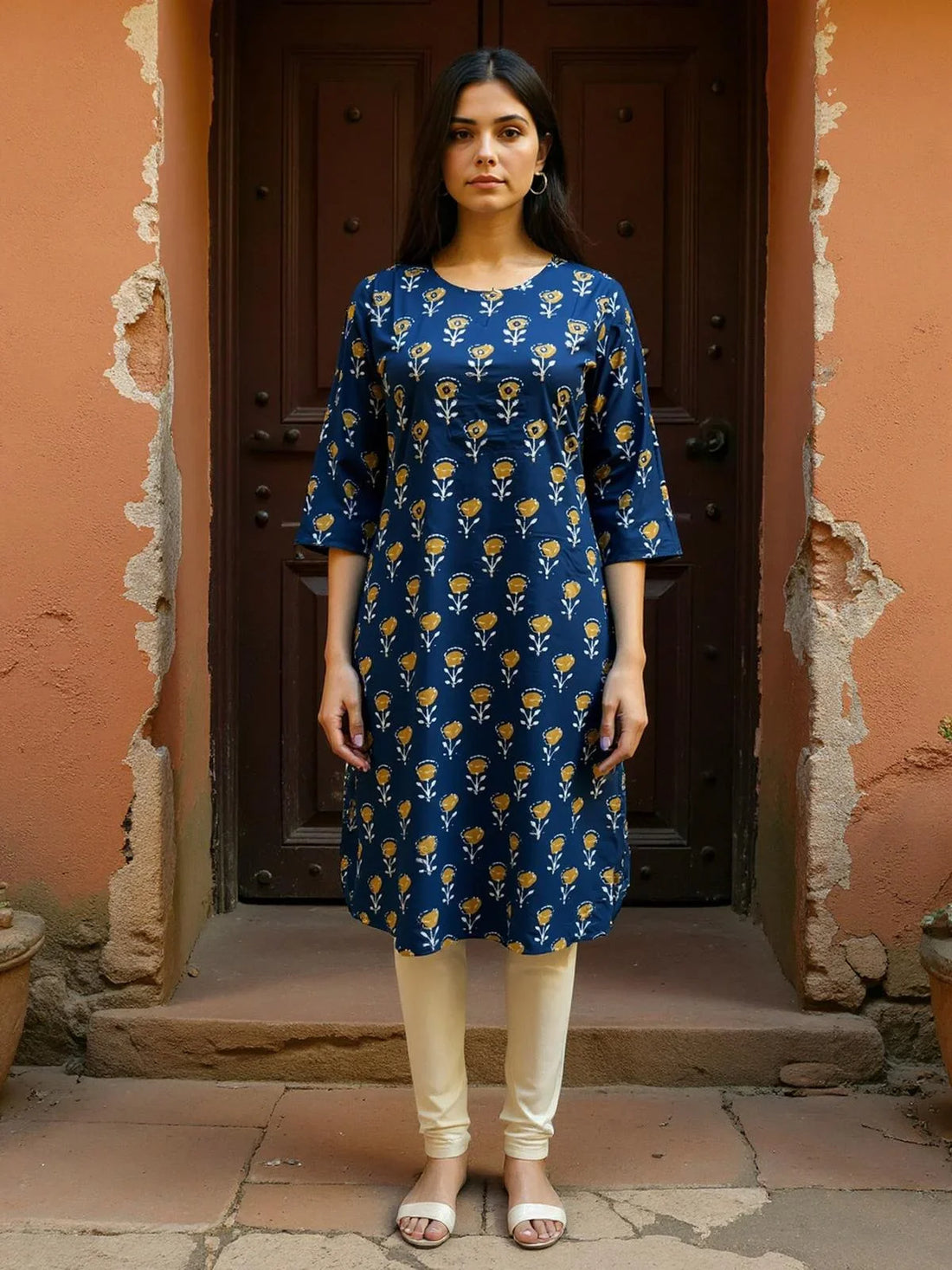 Buy Cotton Embroidered Straight Calf Length Kurta-Navy Blue