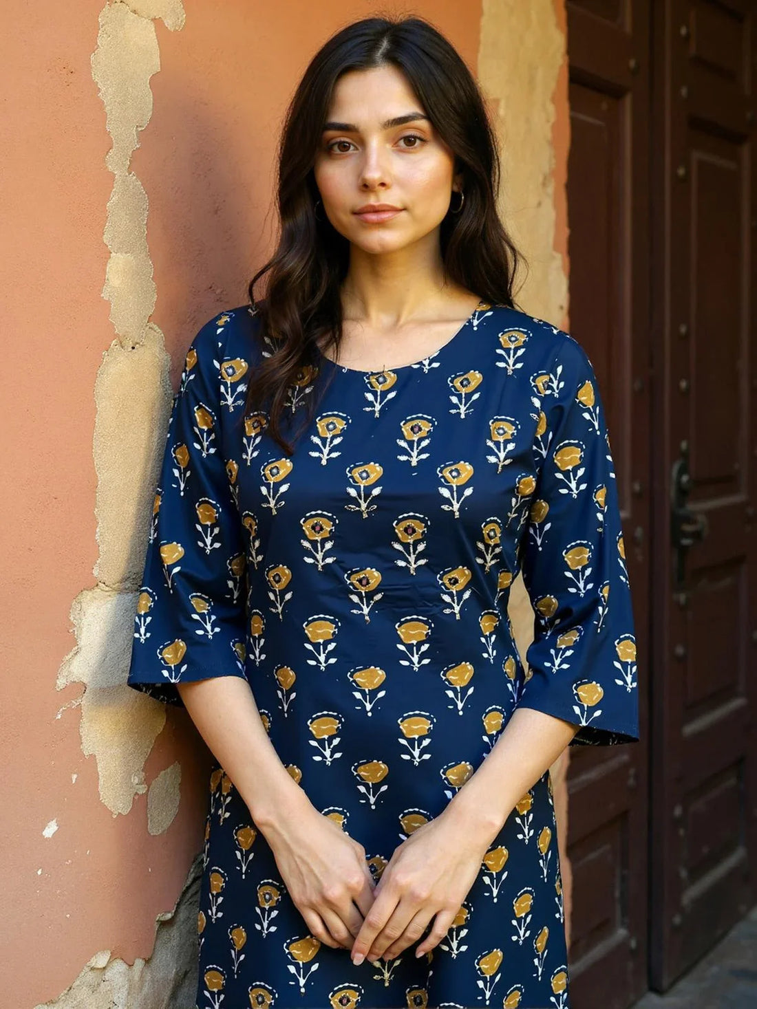 Buy Cotton Embroidered Straight Calf Length Kurta-Navy Blue