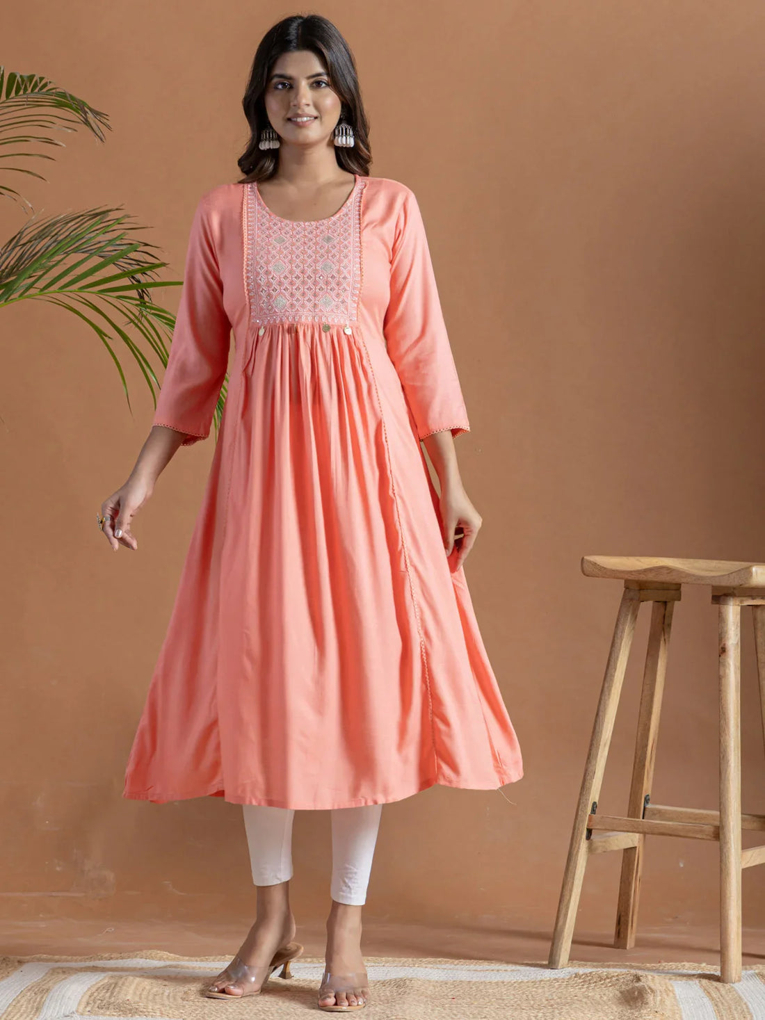Buy Rayon Embroidered Flared Calf Length Kurta-Peach