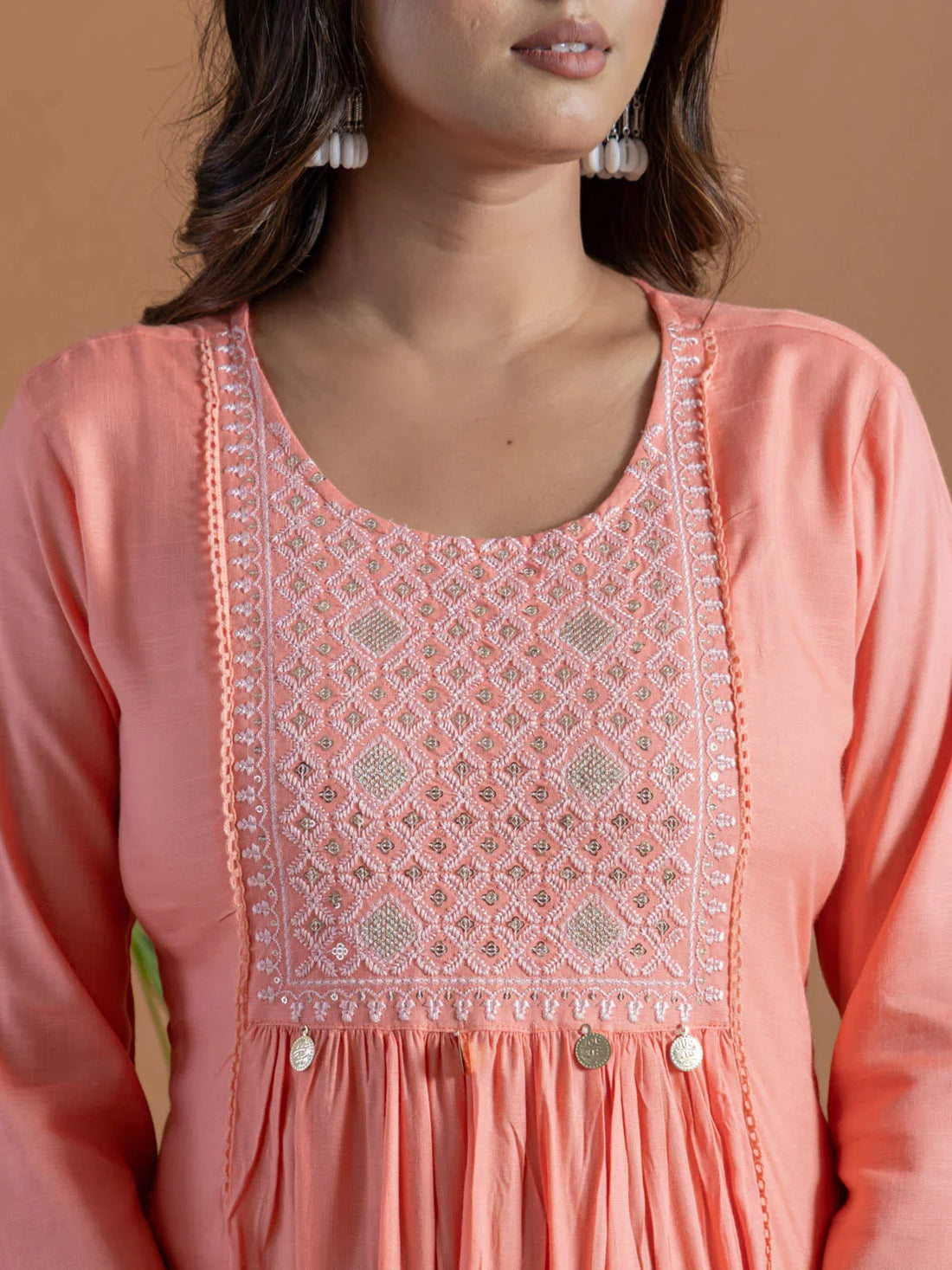 Buy Rayon Embroidered Flared Calf Length Kurta-Peach