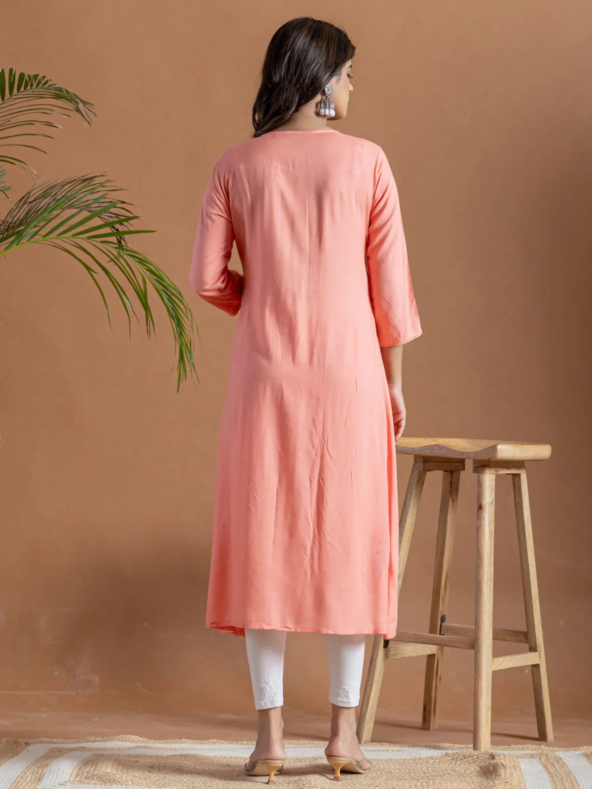 Buy Rayon Embroidered Flared Calf Length Kurta-Peach