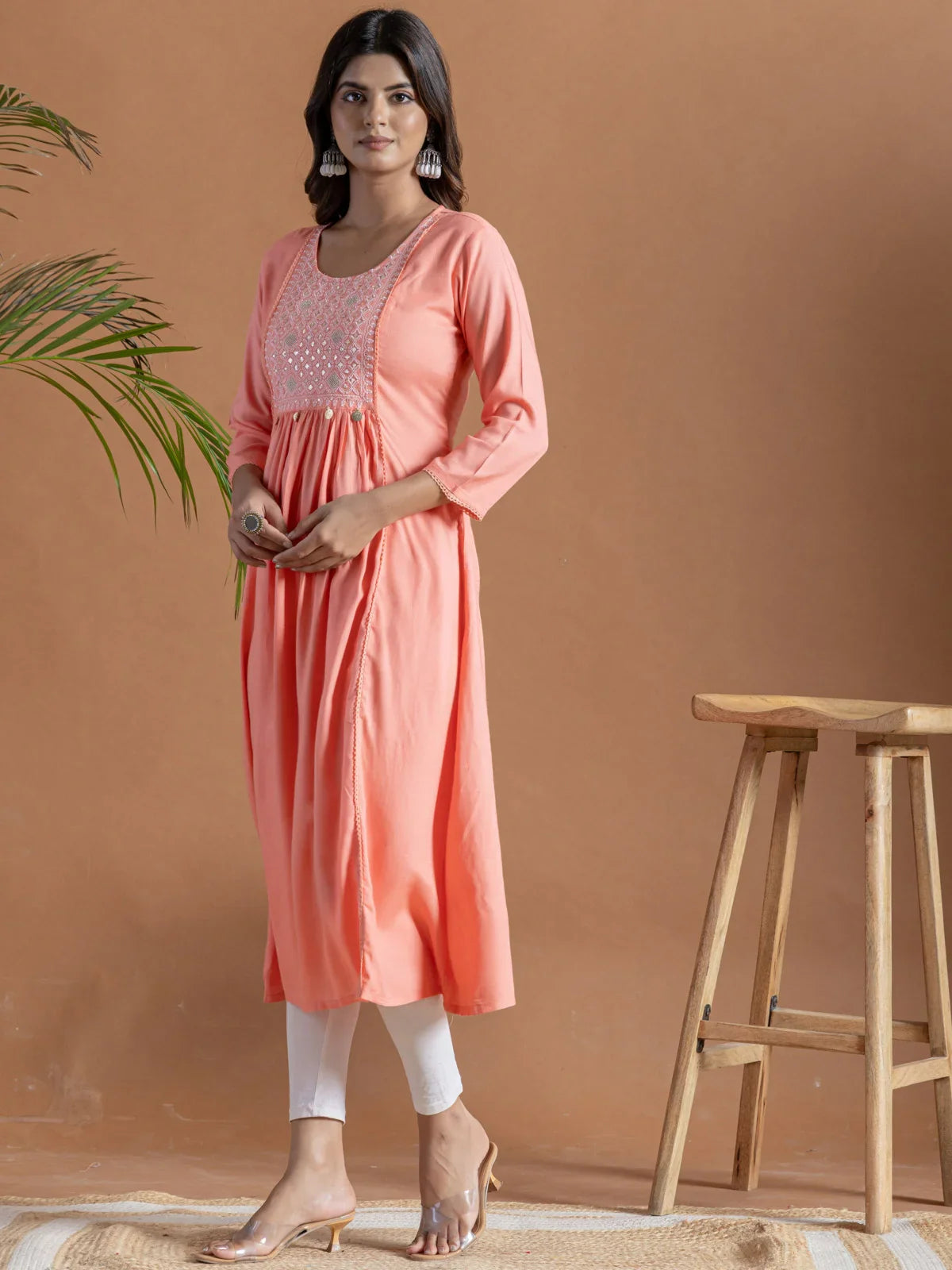 Buy Rayon Embroidered Flared Calf Length Kurta-Peach