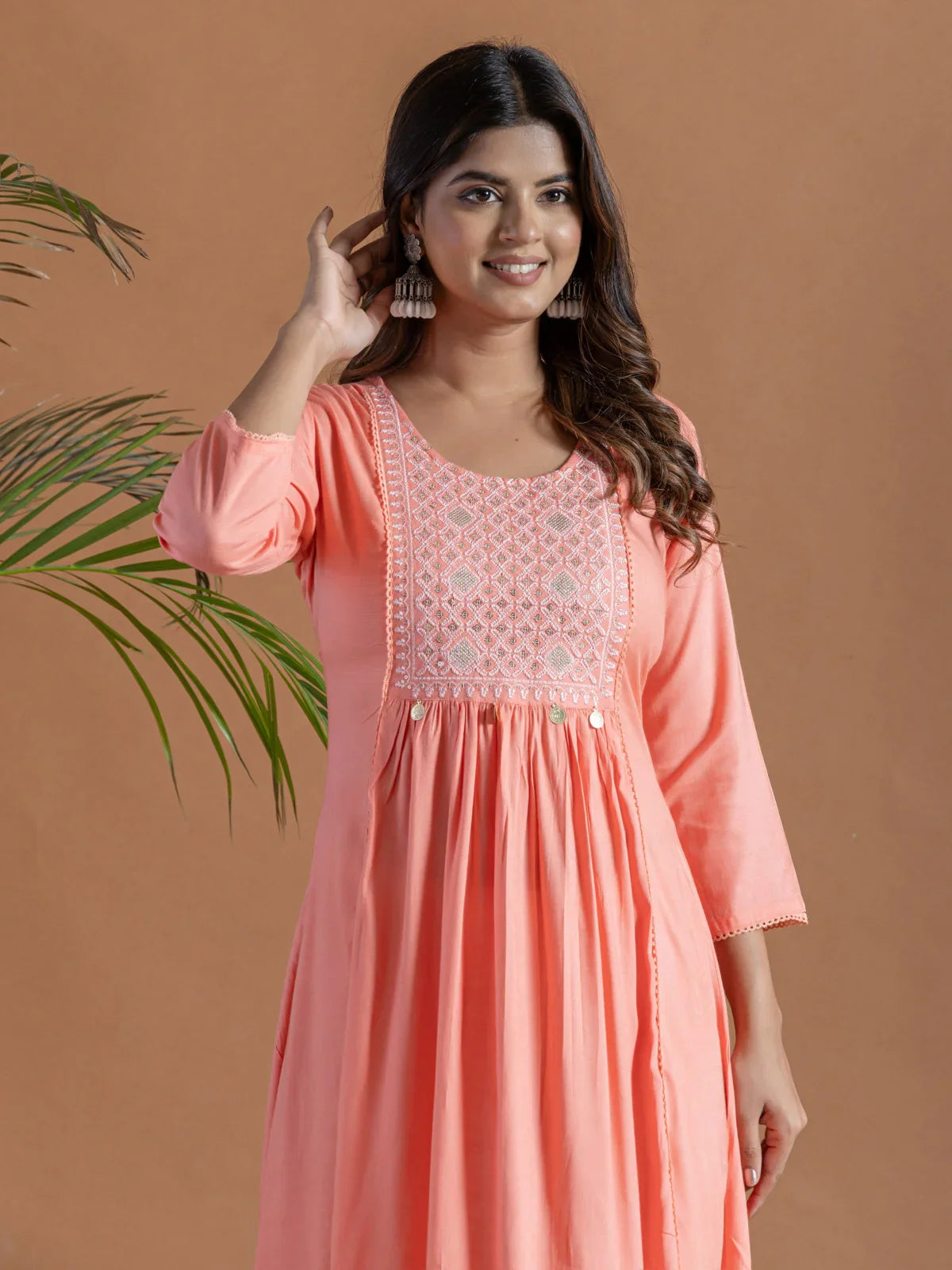 Buy Rayon Embroidered Flared Calf Length Kurta-Peach