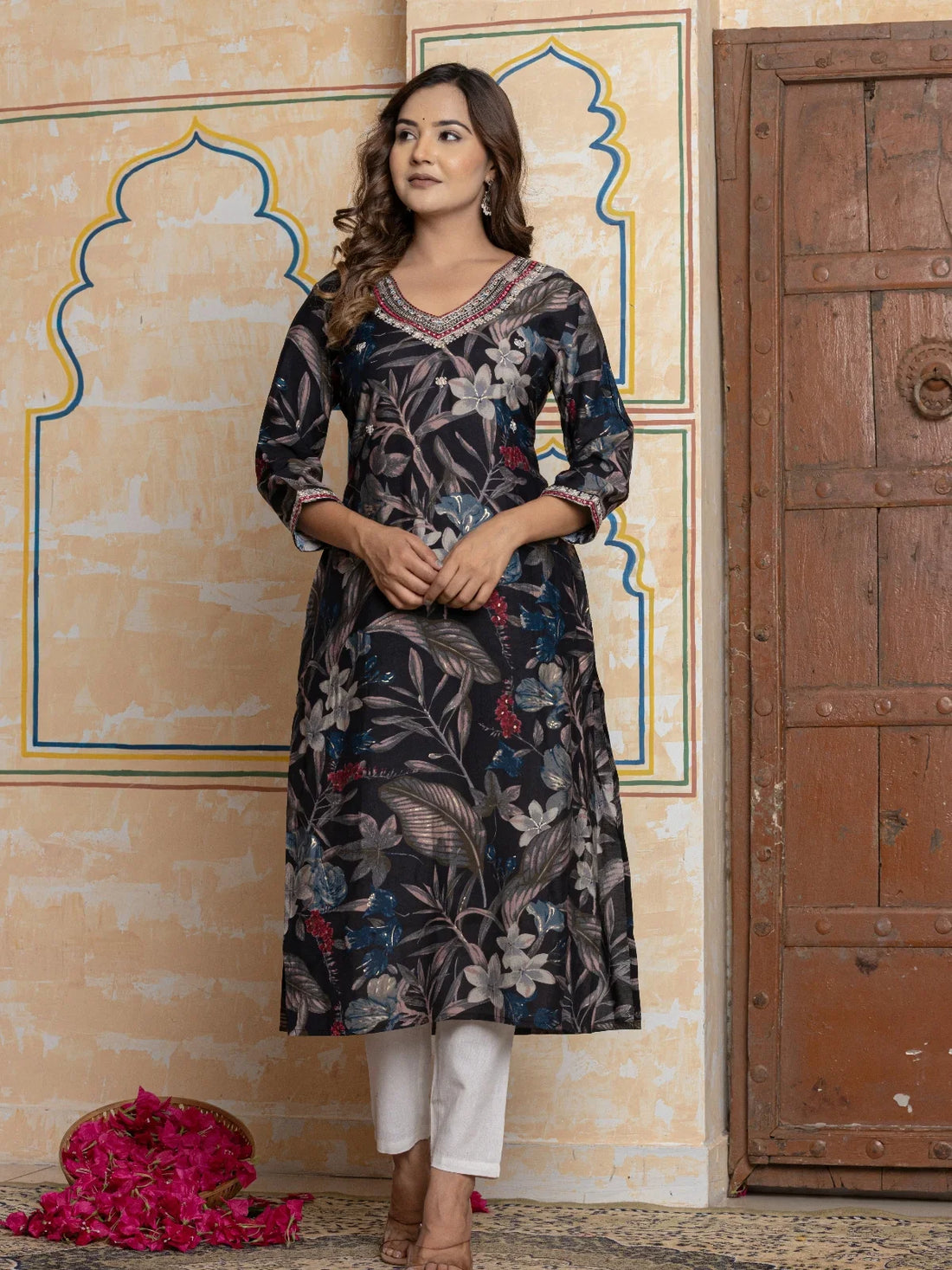 Buy Poly Viscose Embroidered Straight Calf length Kurta-Black