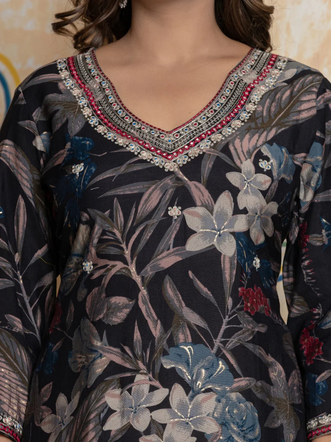 Buy Poly Viscose Embroidered Straight Calf length Kurta-Black