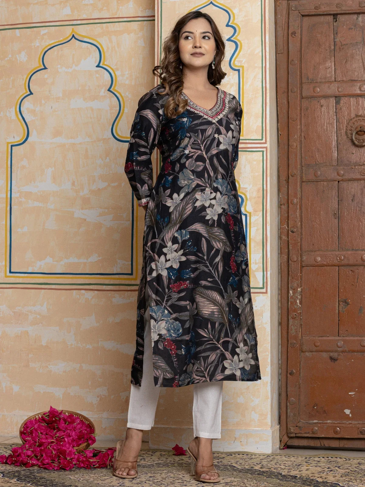 Buy Poly Viscose Embroidered Straight Calf length Kurta-Black