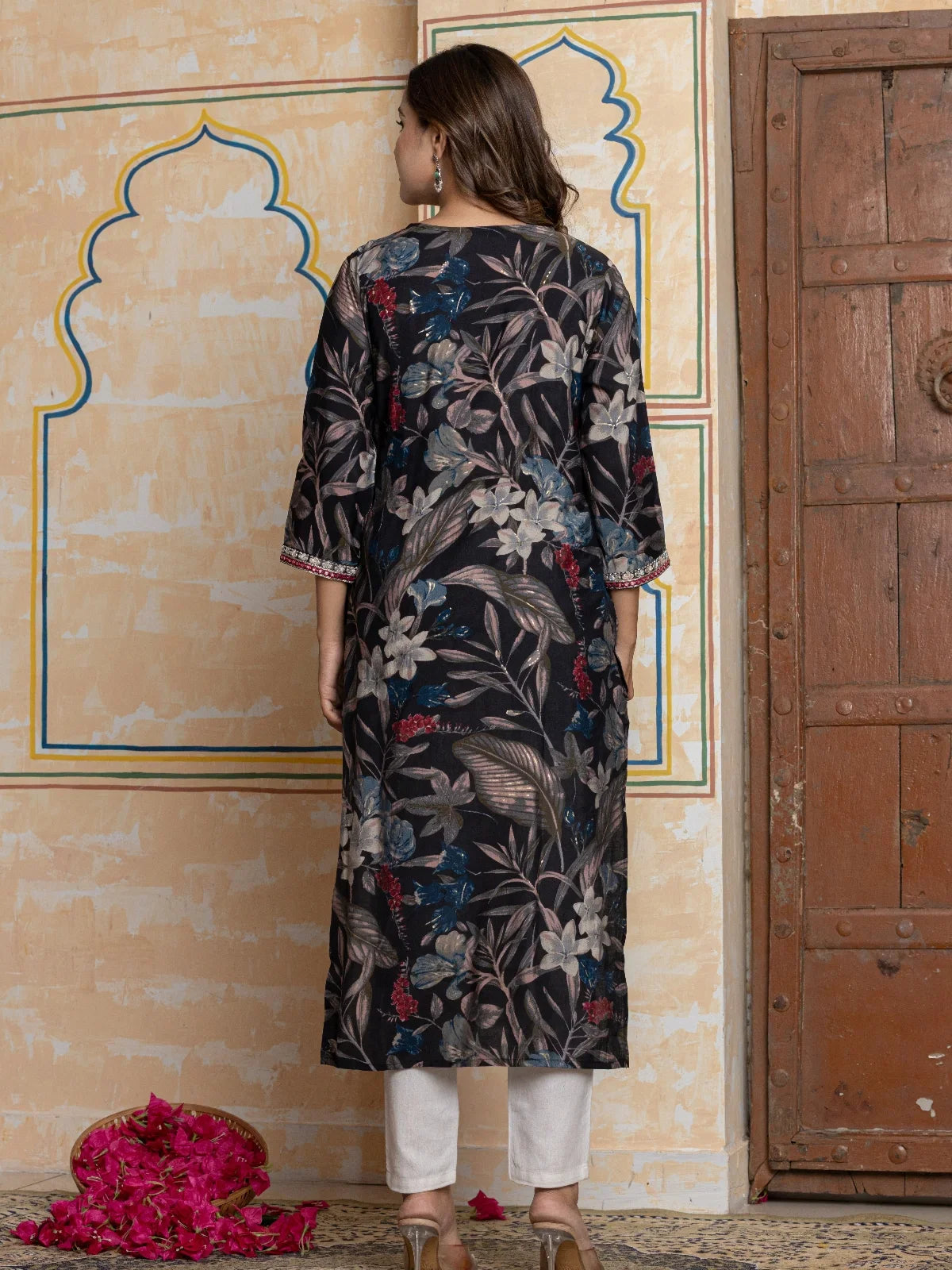 Buy Poly Viscose Embroidered Straight Calf length Kurta-Black