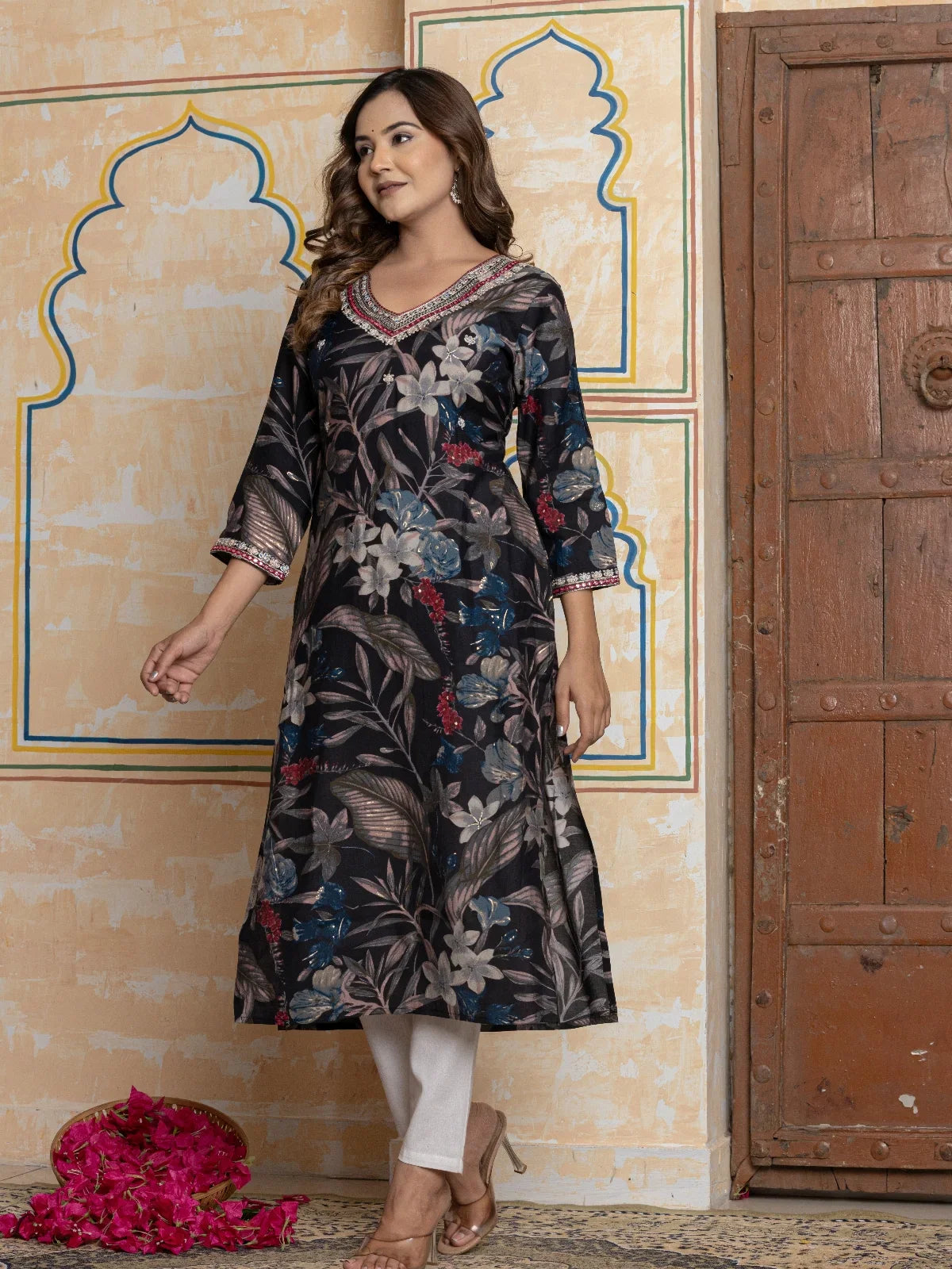 Buy Poly Viscose Embroidered Straight Calf length Kurta-Black