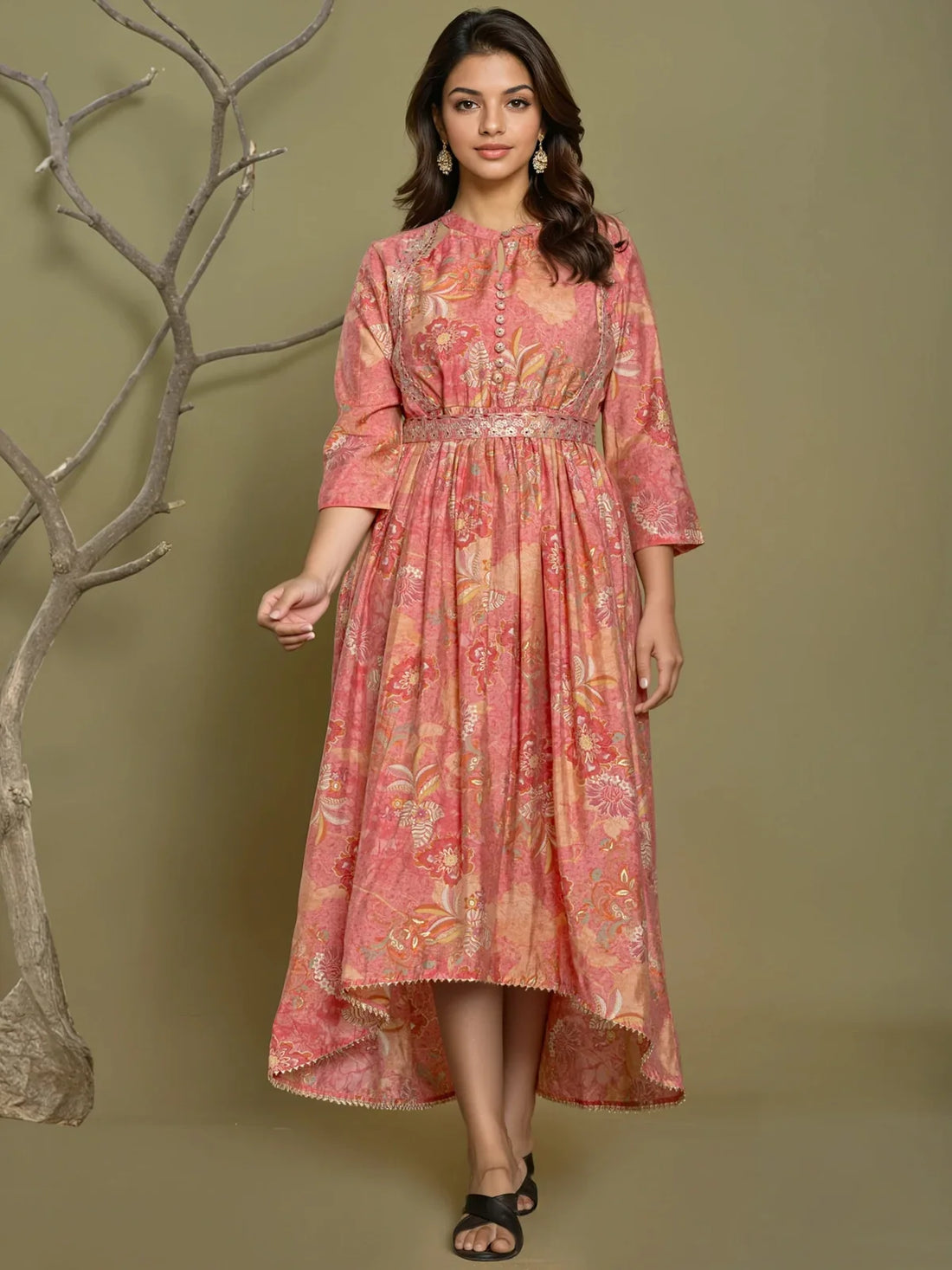 Buy Viscose Poly Embroidered Asymmetrical Calf Length Kurta-Pink