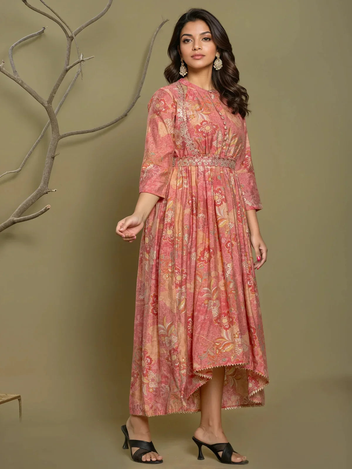 Buy Viscose Poly Embroidered Asymmetrical Calf Length Kurta-Pink