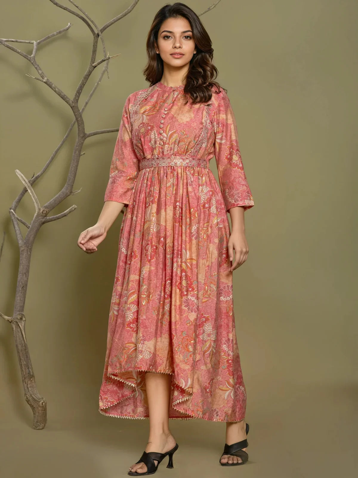Buy Viscose Poly Embroidered Asymmetrical Calf Length Kurta-Pink