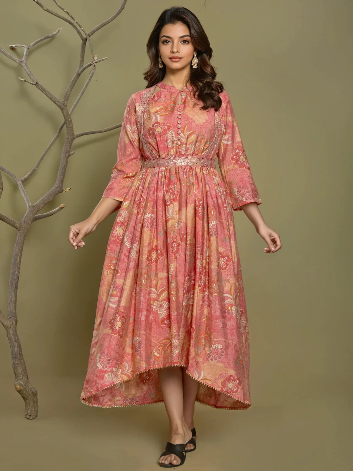 Buy Viscose Poly Embroidered Asymmetrical Calf Length Kurta-Pink
