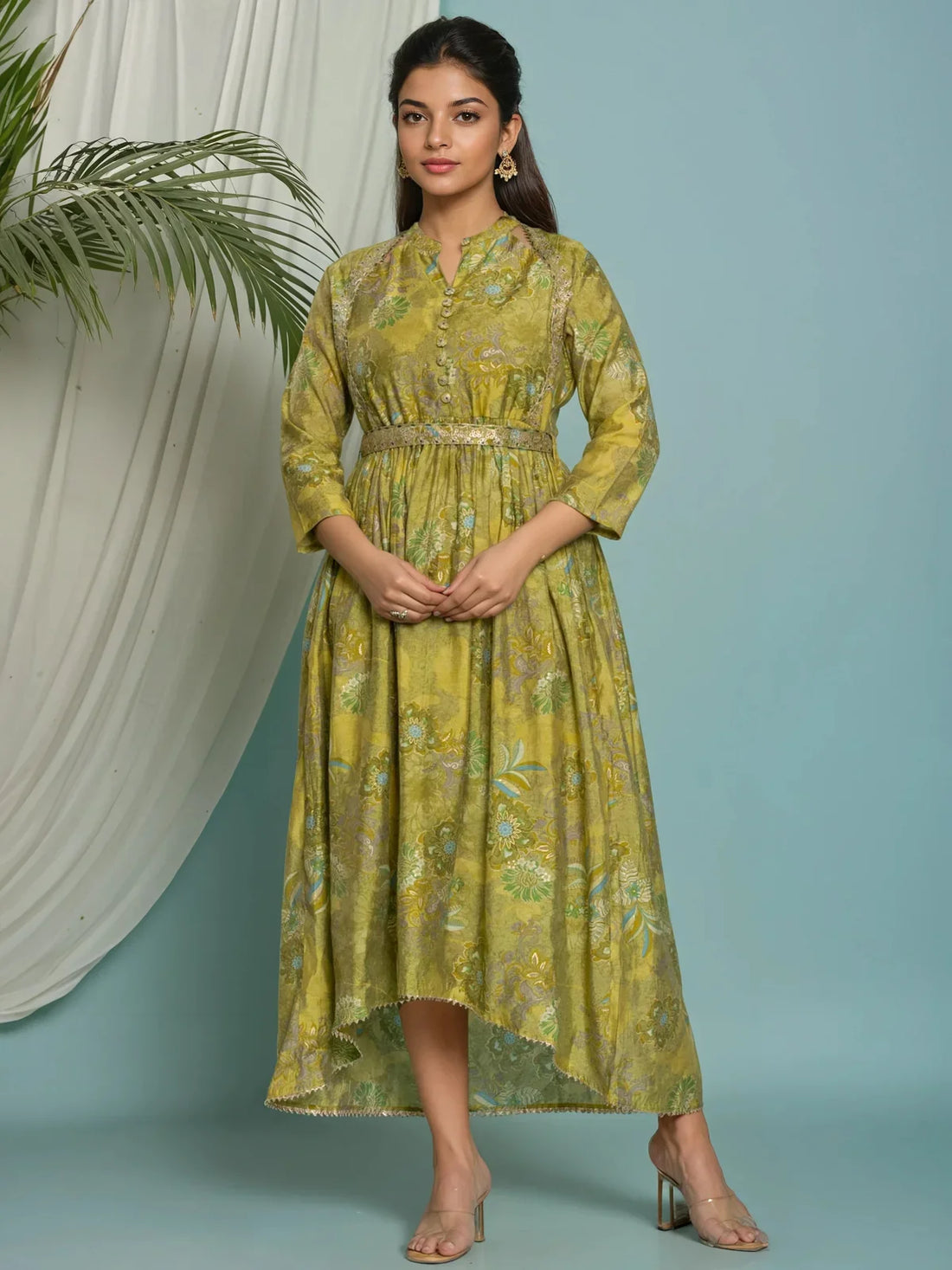 Buy Viscose Poly Embroidered Asymmetrical Calf Length Kurta-Green