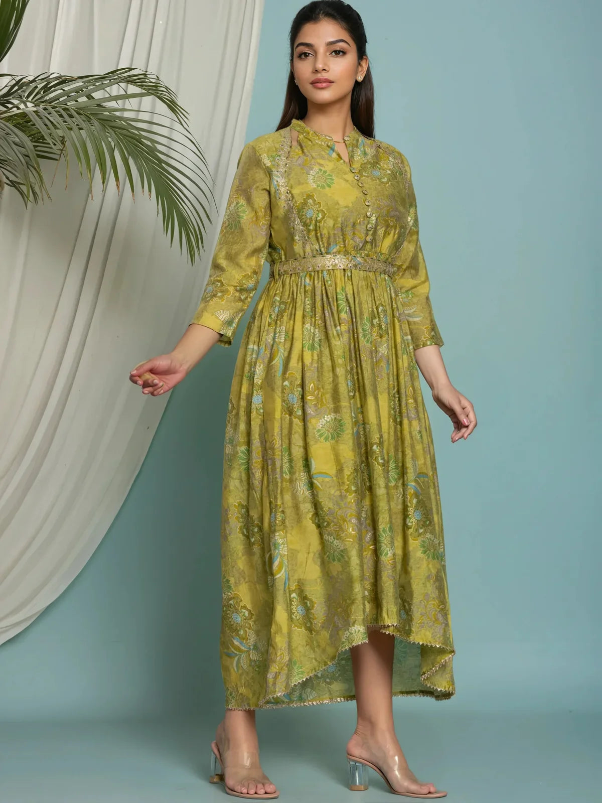 Buy Viscose Poly Embroidered Asymmetrical Calf Length Kurta-Green