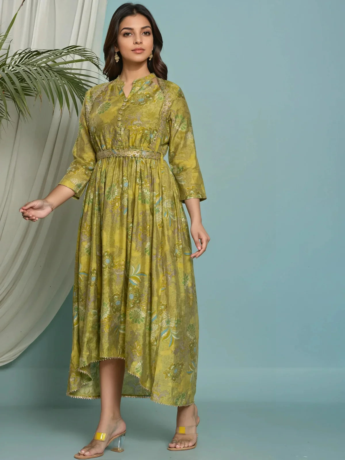 Buy Viscose Poly Embroidered Asymmetrical Calf Length Kurta-Green