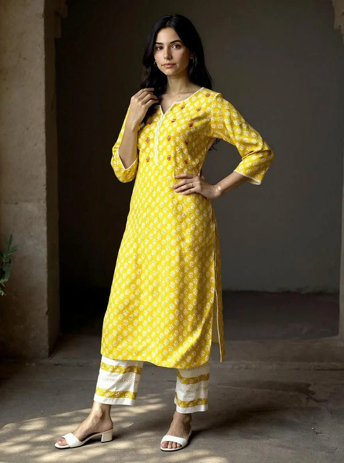 Buy Rayon Embroidered Straight Calf Length Kurta with Pant-Yellow
