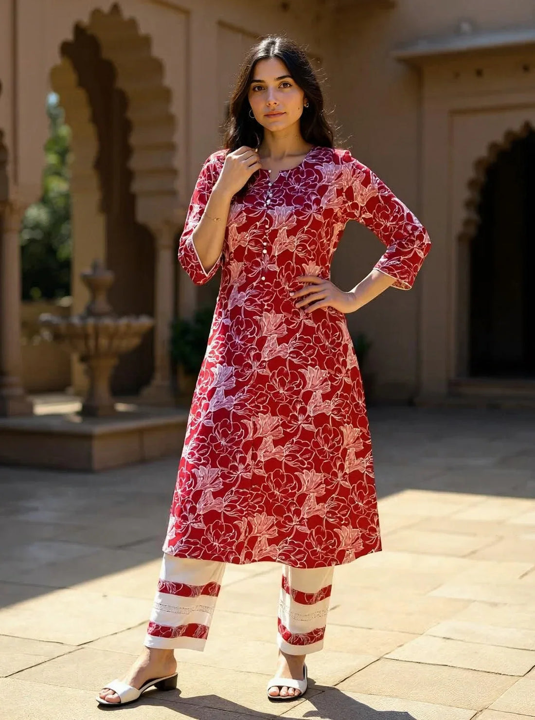 Buy Rayon Printed A-Line Calf Length Kurta with Pant-Red
