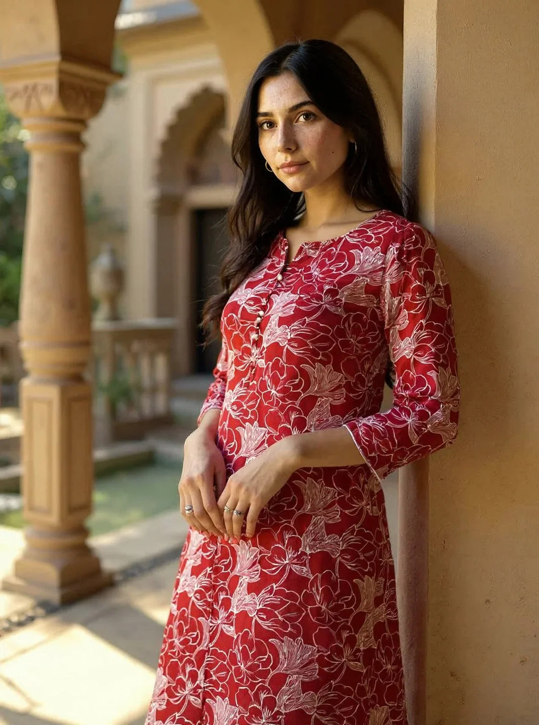 Buy Rayon Printed A-Line Calf Length Kurta with Pant-Red