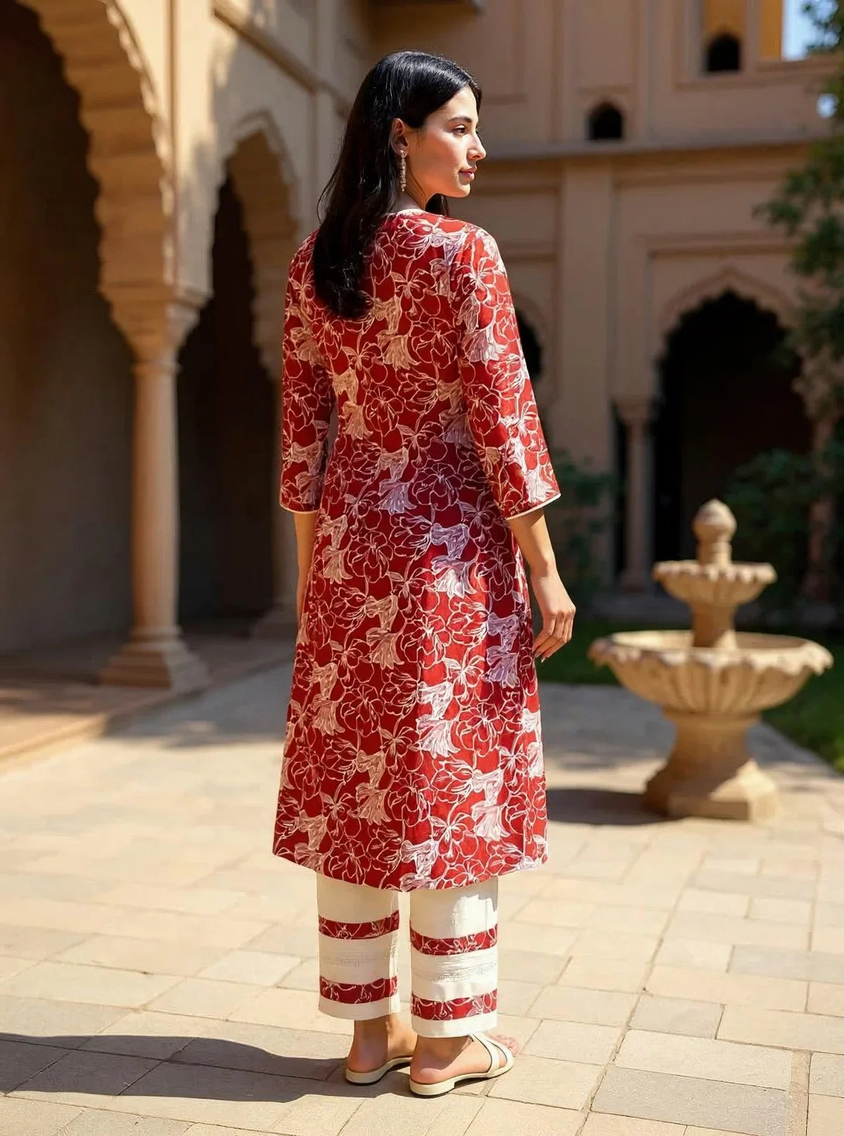 Buy Rayon Printed A-Line Calf Length Kurta with Pant-Red