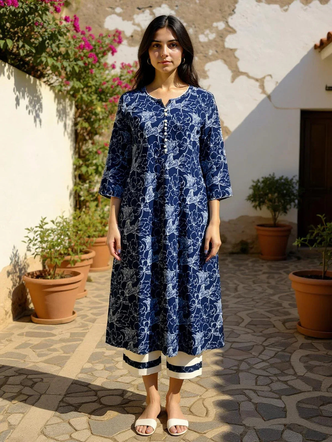 Buy Rayon Printed Pant (Solid) Calf Length Kurta with Pant-Blue