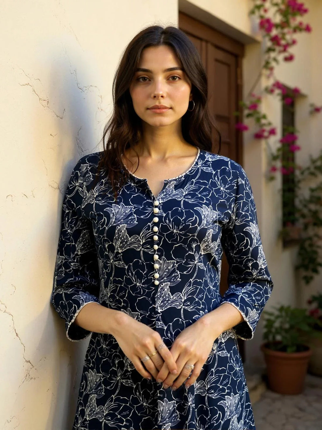 Buy Rayon Printed Pant (Solid) Calf Length Kurta with Pant-Blue