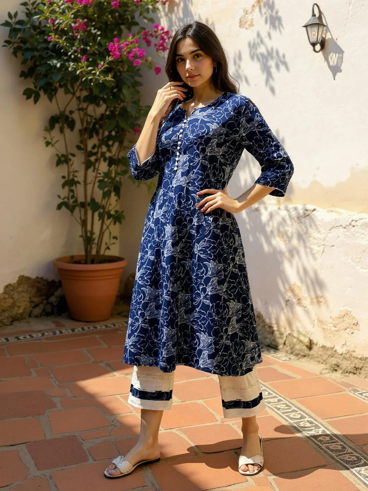 Buy Rayon Printed Pant (Solid) Calf Length Kurta with Pant-Blue