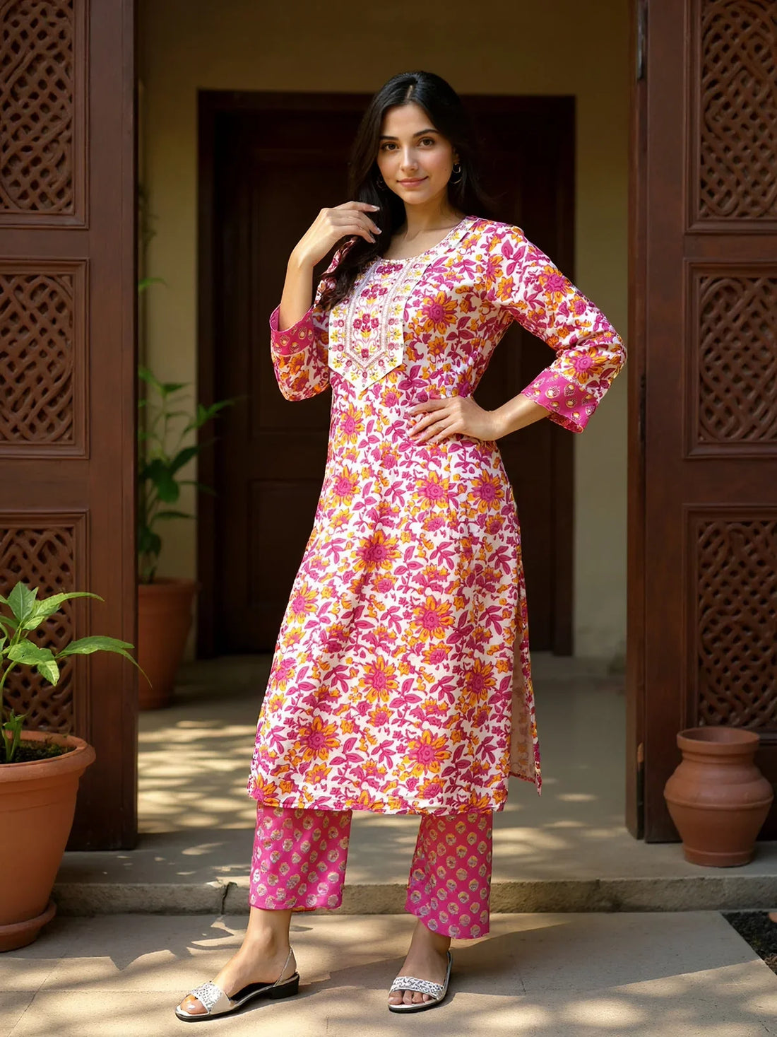 Buy Rayon Embroidered Straight Calf Length Kurta with Pant-Pink