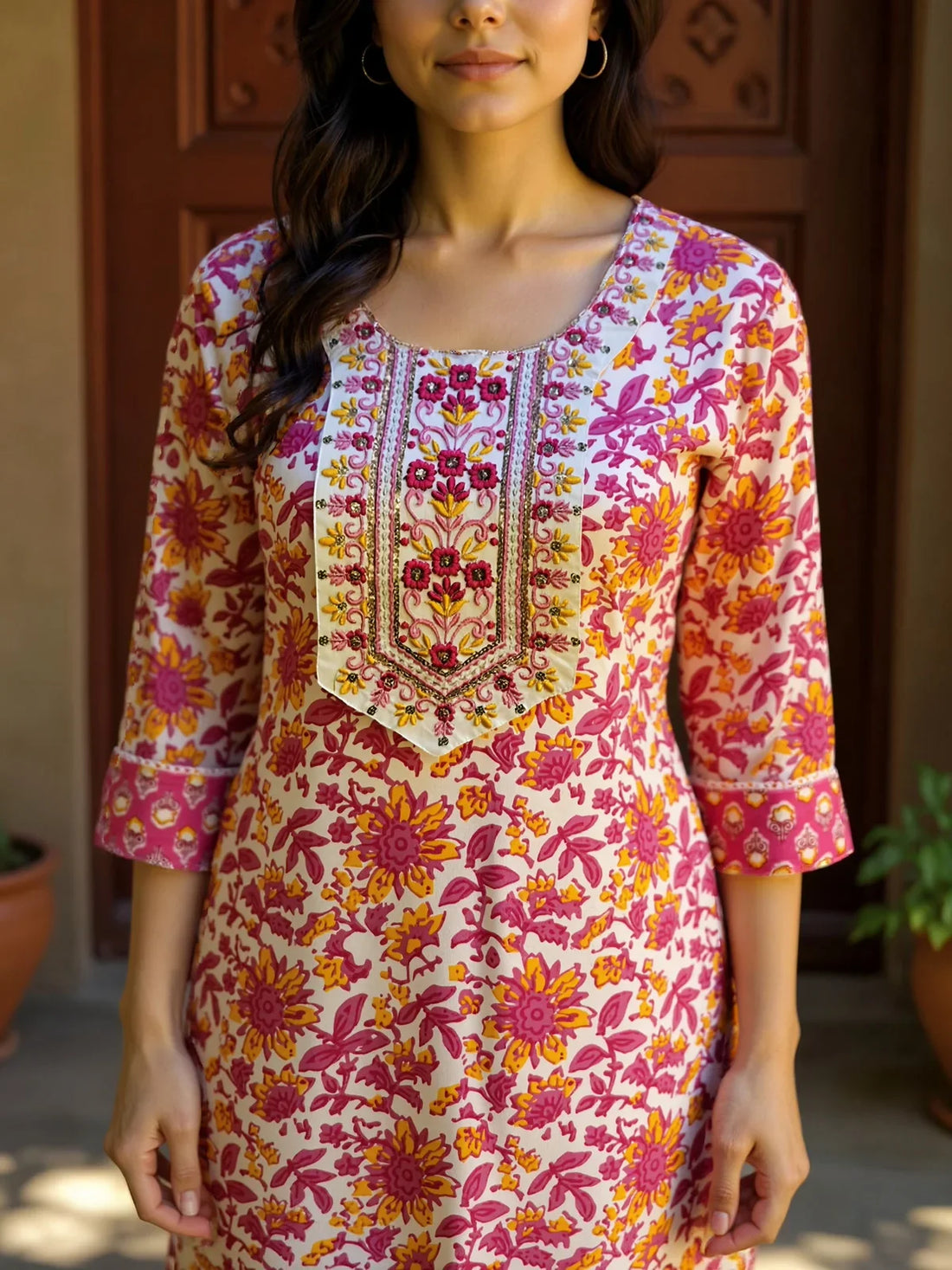 Buy Rayon Embroidered Straight Calf Length Kurta with Pant-Pink