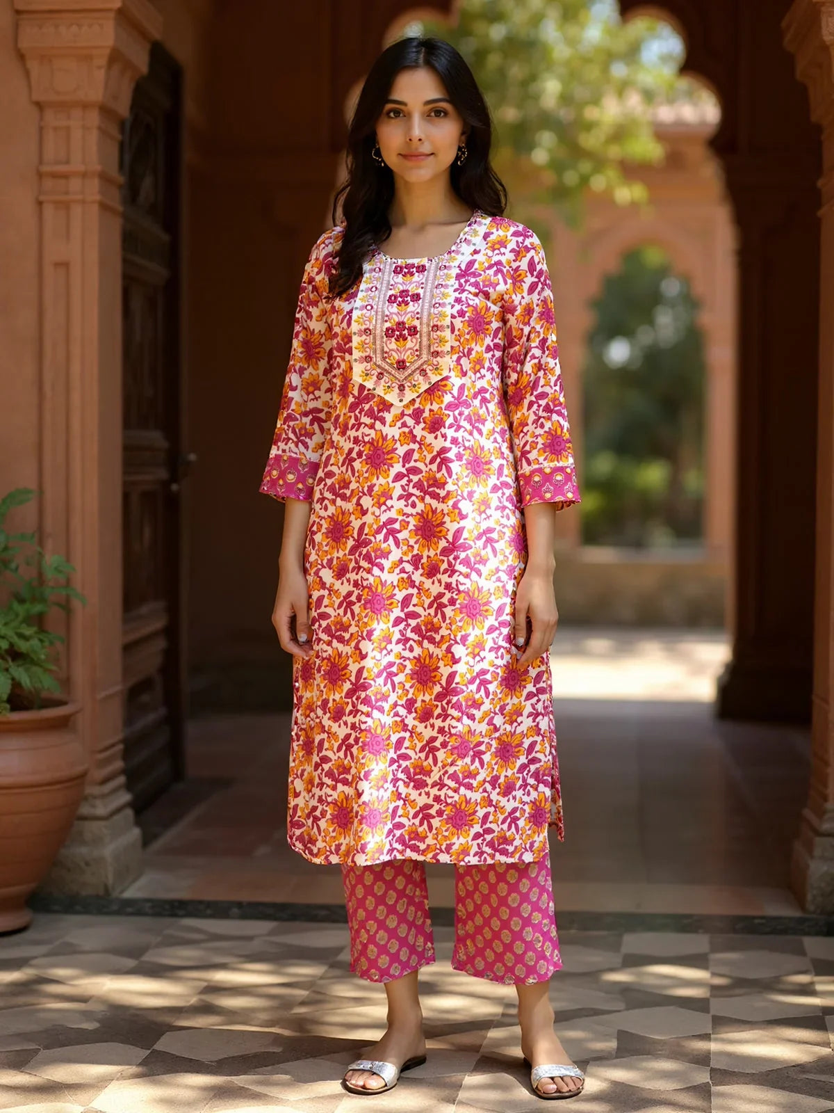 Buy Rayon Embroidered Straight Calf Length Kurta with Pant-Pink
