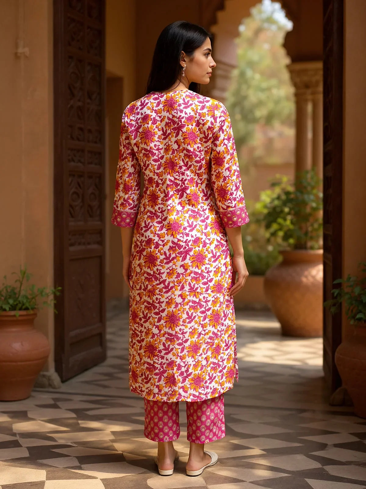 Buy Rayon Embroidered Straight Calf Length Kurta with Pant-Pink