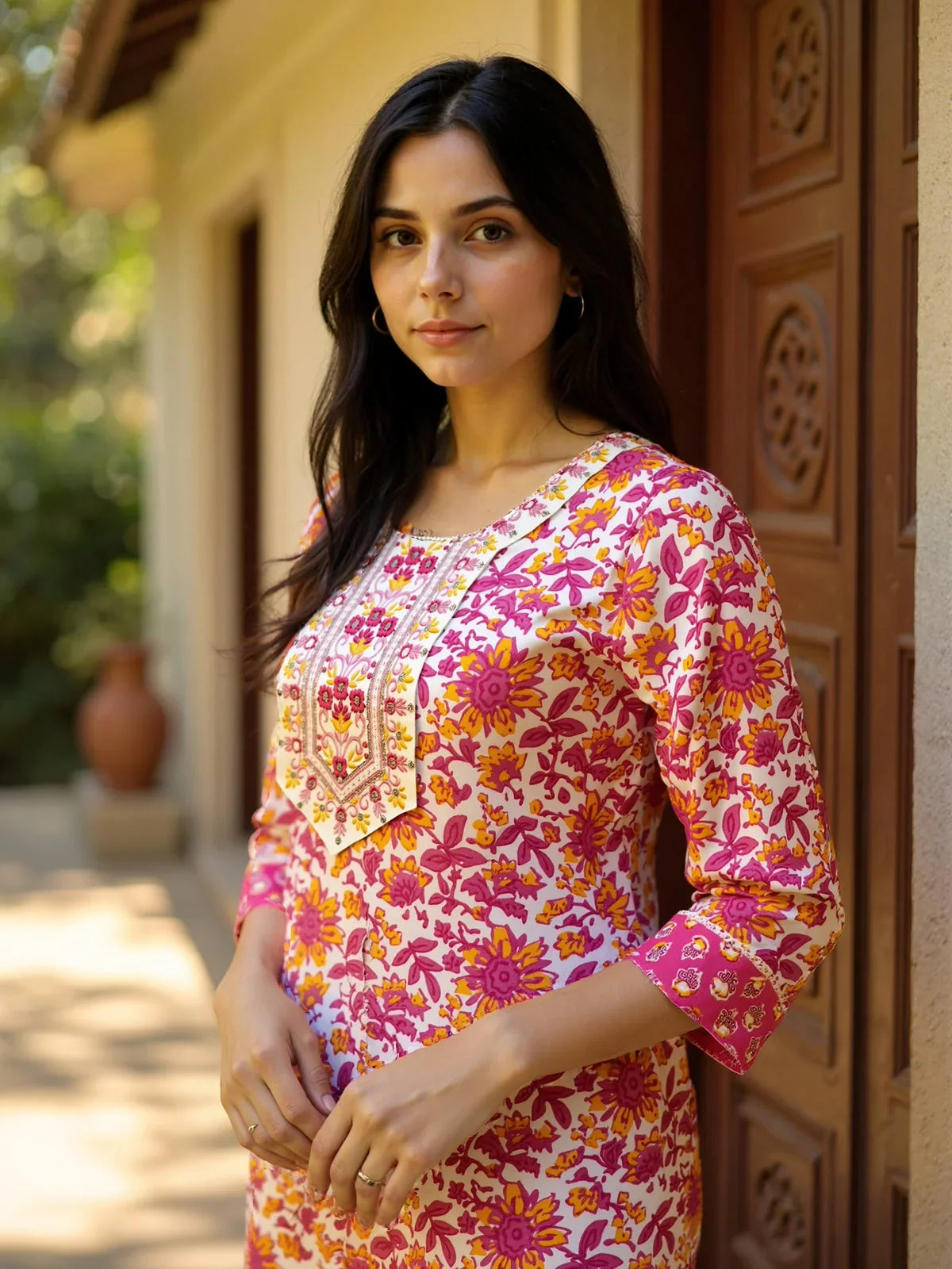 Buy Rayon Embroidered Straight Calf Length Kurta with Pant-Pink