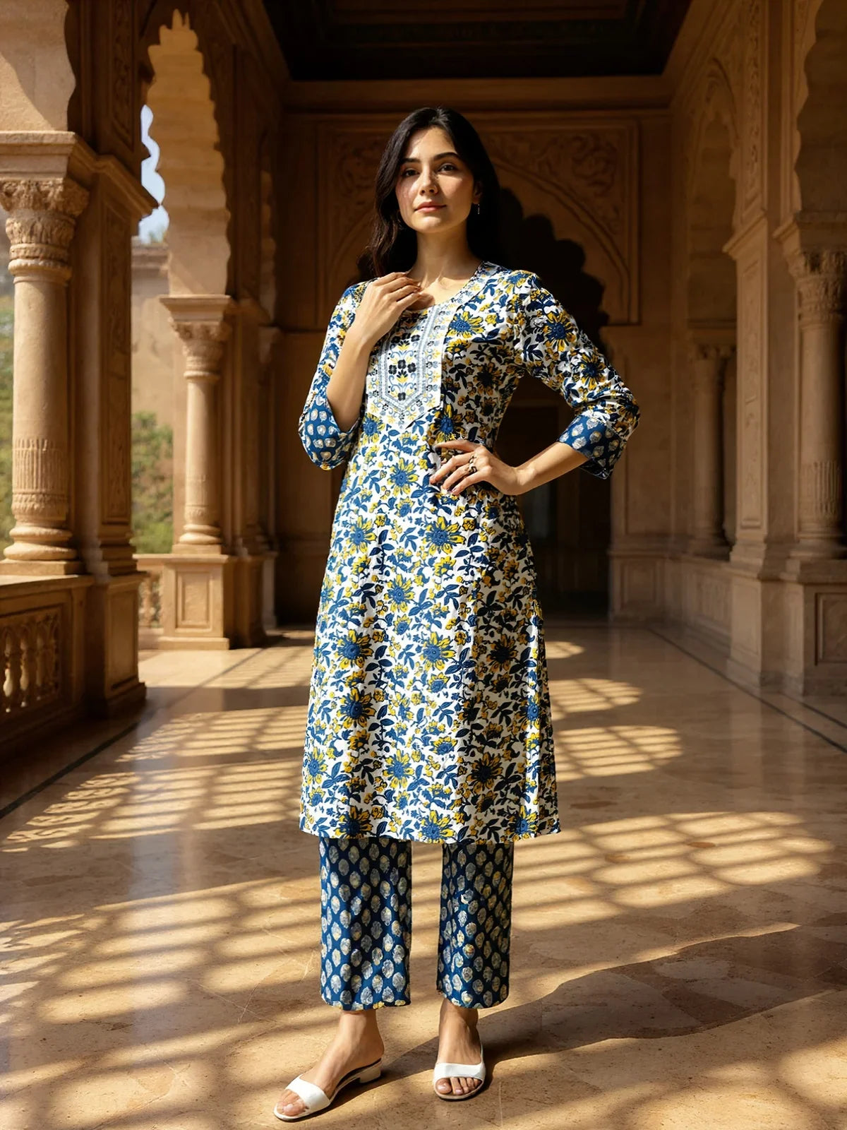 Buy Rayon Embroidered Straight Calf Length Kurta with Pant-Grey