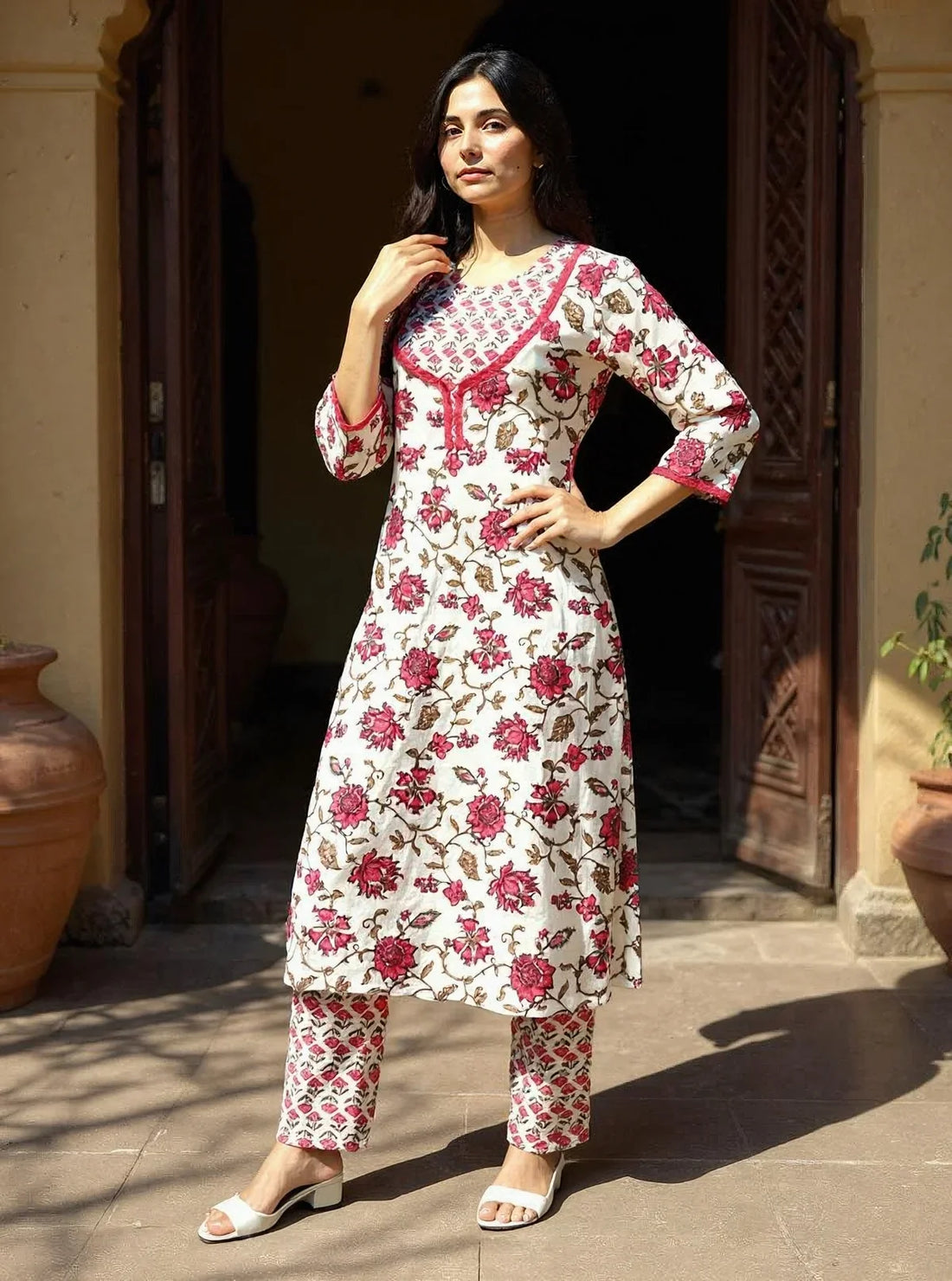 Buy Rayon Printed Straight Calf Length Kurta with Pant-Red